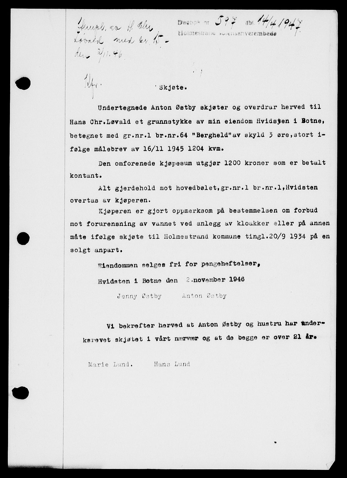 Holmestrand sorenskriveri, SAKO/A-67/G/Ga/Gaa/L0062: Pantebok nr. A-62, 1947-1947, Dagboknr: 597/1947