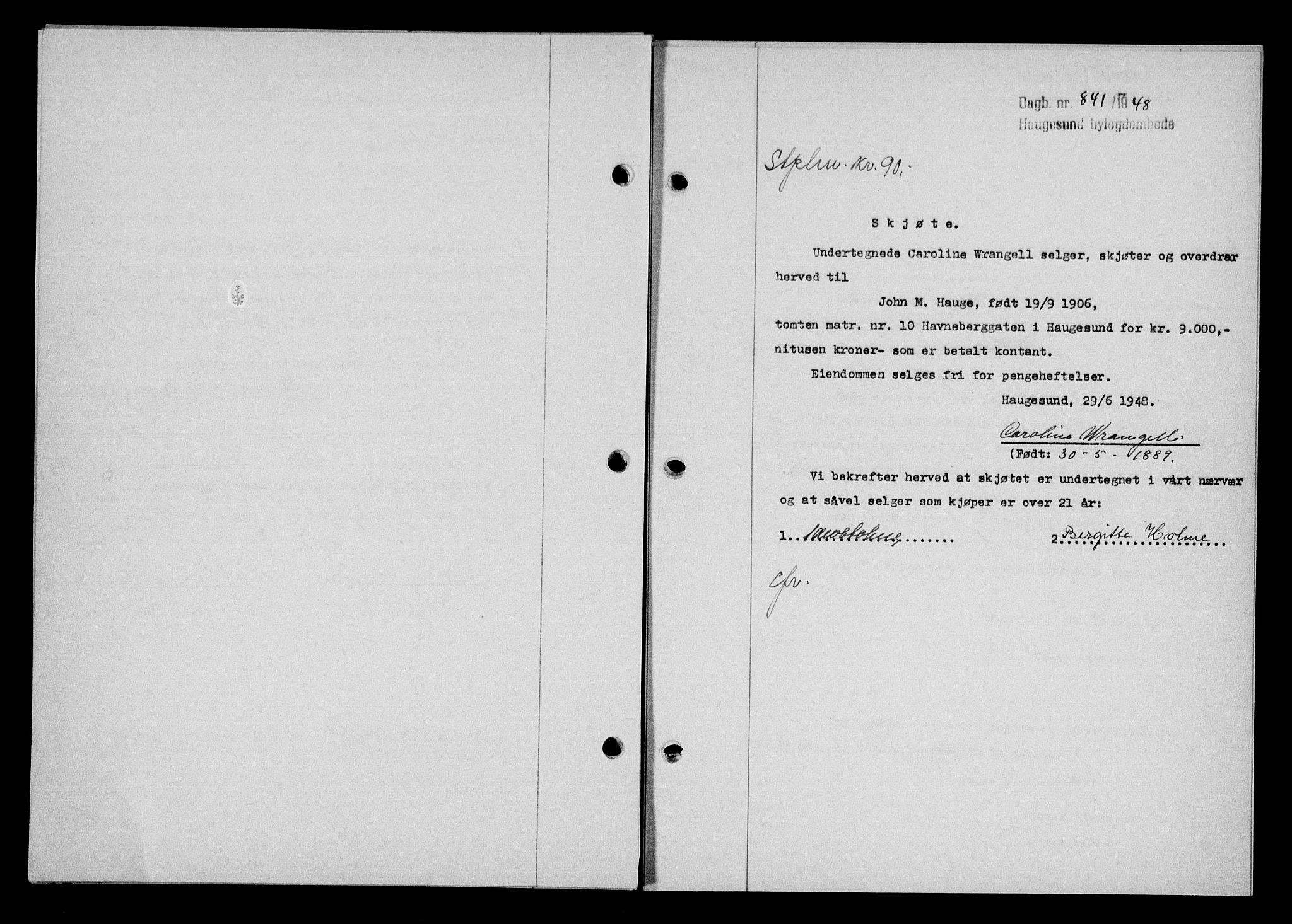 Haugesund tingrett, SAST/A-101415/01/II/IIC/L0063: Pantebok nr. A 4, 1946-1948, Dagboknr: 841/1948