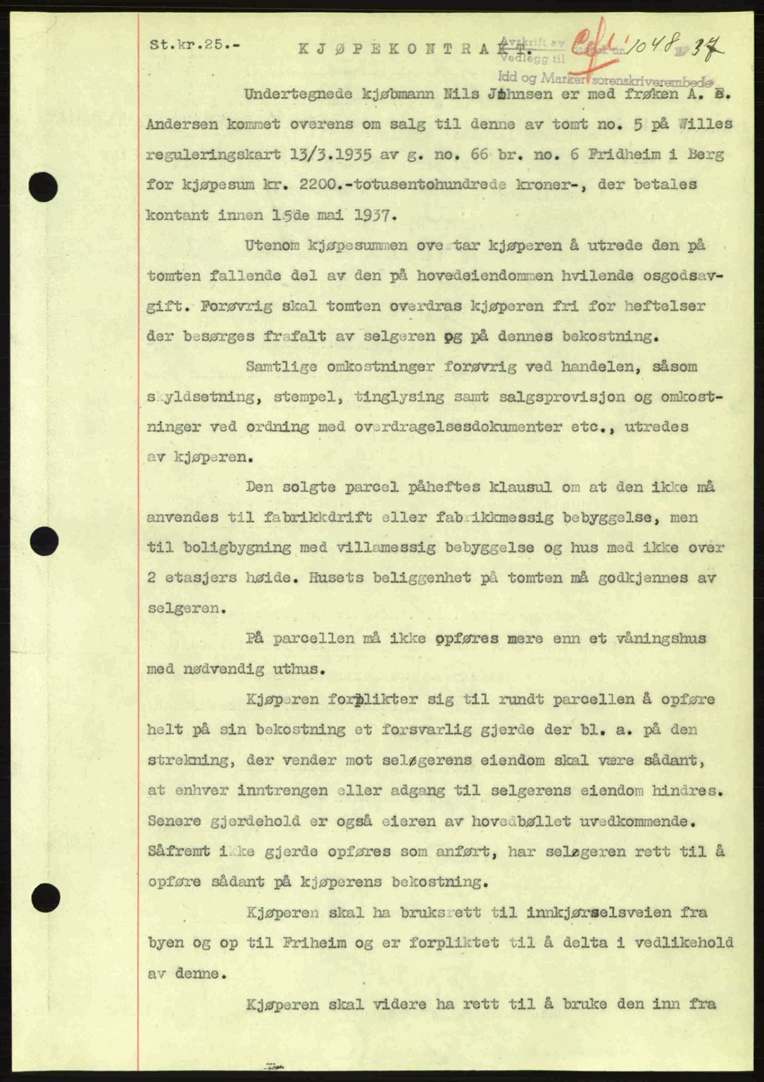 Idd og Marker sorenskriveri, AV/SAO-A-10283/G/Gb/Gbb/L0002: Pantebok nr. A2, 1937-1938, Dagboknr: 1048/1937