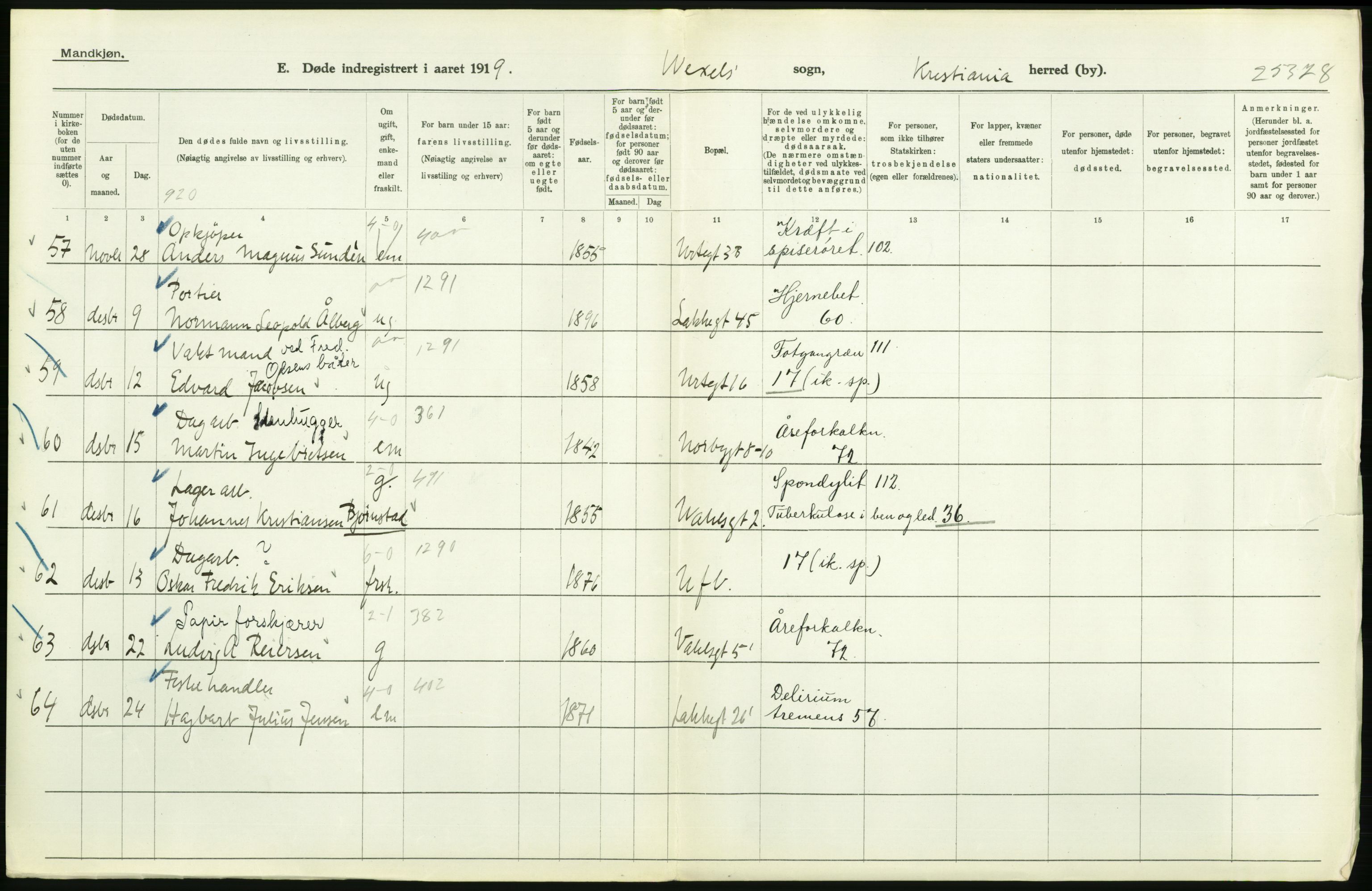 Statistisk sentralbyrå, Sosiodemografiske emner, Befolkning, AV/RA-S-2228/D/Df/Dfb/Dfbi/L0010: Kristiania: Døde, 1919, s. 108