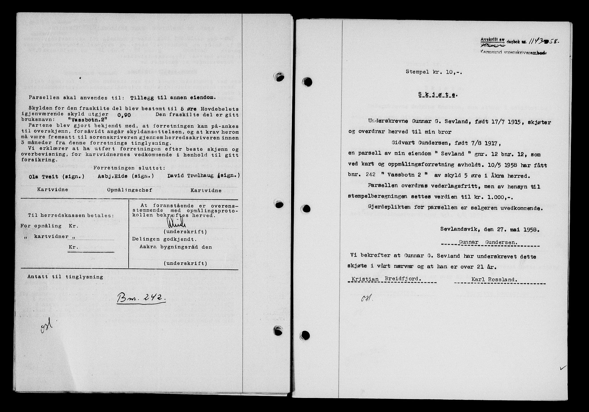Karmsund sorenskriveri, SAST/A-100311/01/II/IIB/L0128: Pantebok nr. 108A, 1958-1958, Dagboknr: 1143/1958