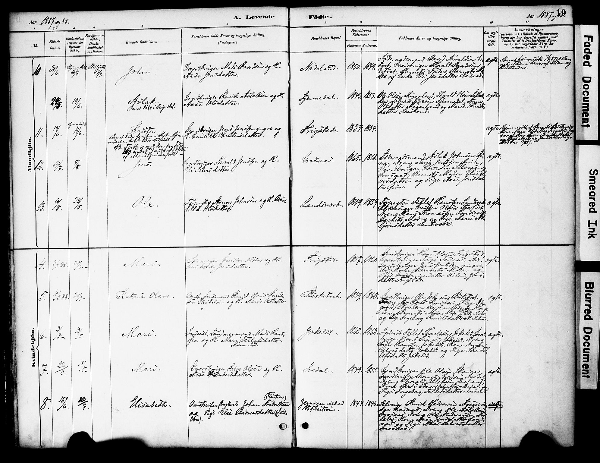 Evje sokneprestkontor, AV/SAK-1111-0008/F/Fa/Fac/L0003: Ministerialbok nr. A 3, 1884-1909, s. 10