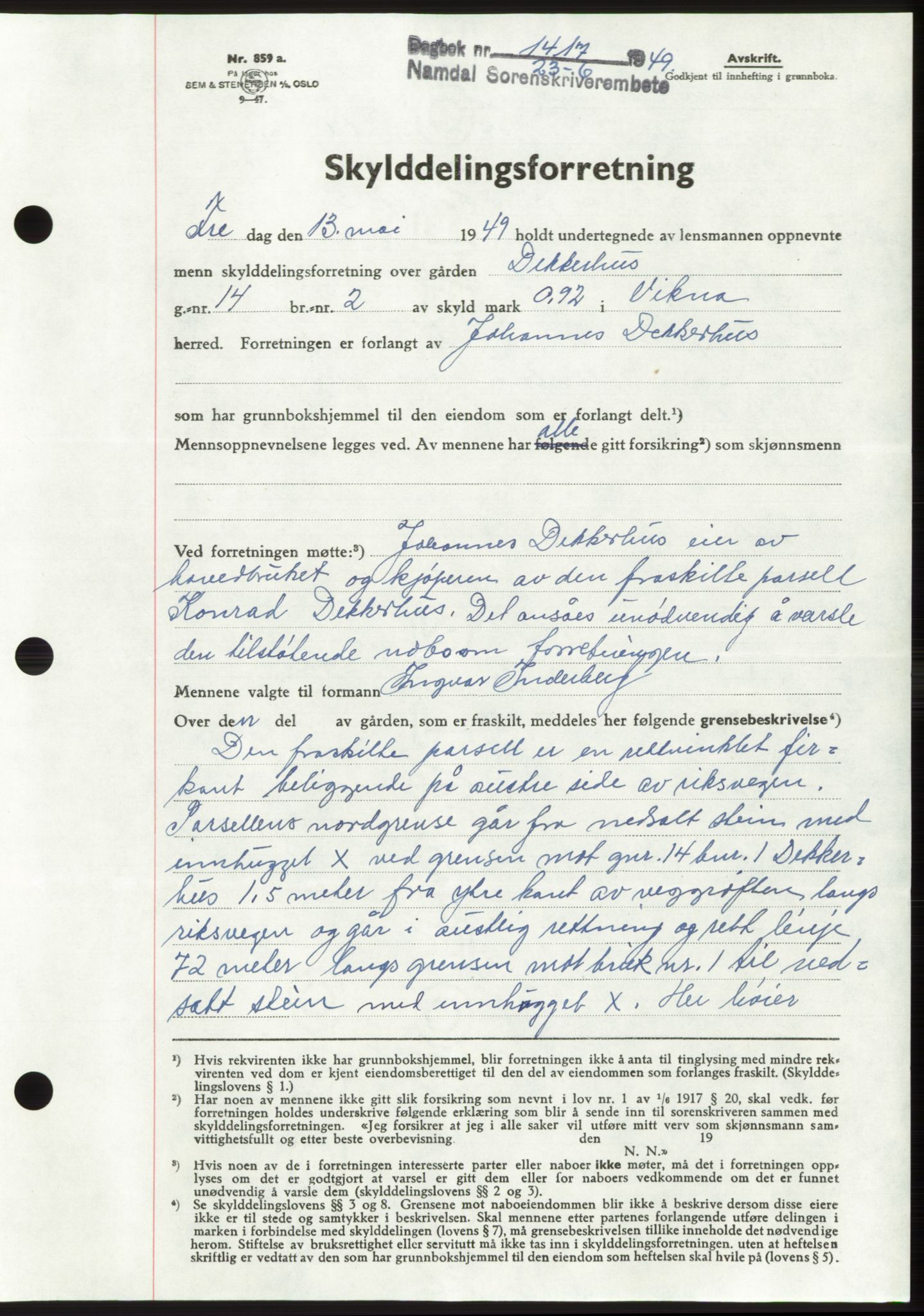 Namdal sorenskriveri, SAT/A-4133/1/2/2C: Pantebok nr. -, 1949-1949, Dagboknr: 1417/1949