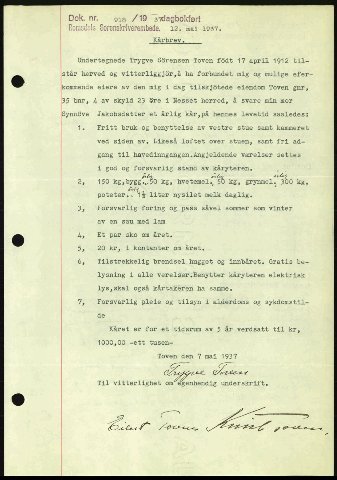 Romsdal sorenskriveri, SAT/A-4149/1/2/2C: Pantebok nr. A3, 1937-1937, Dagboknr: 918/1937