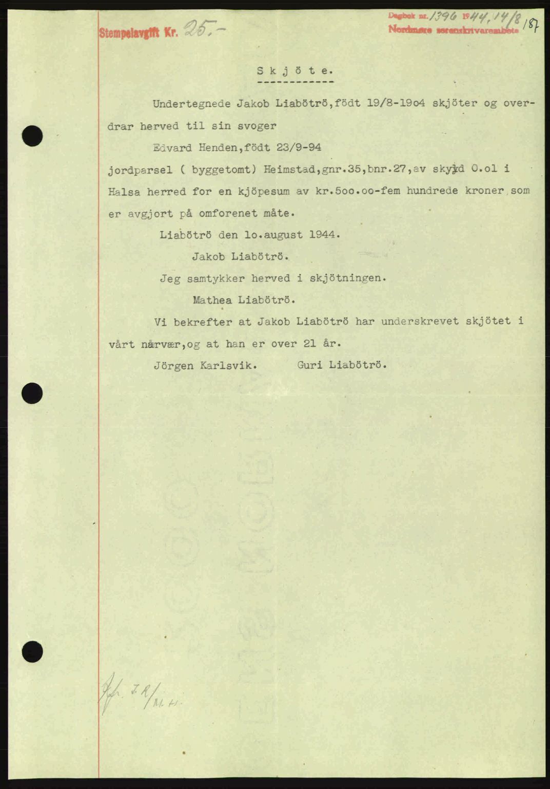 Nordmøre sorenskriveri, SAT/A-4132/1/2/2Ca: Pantebok nr. A98, 1944-1944, Dagboknr: 1396/1944