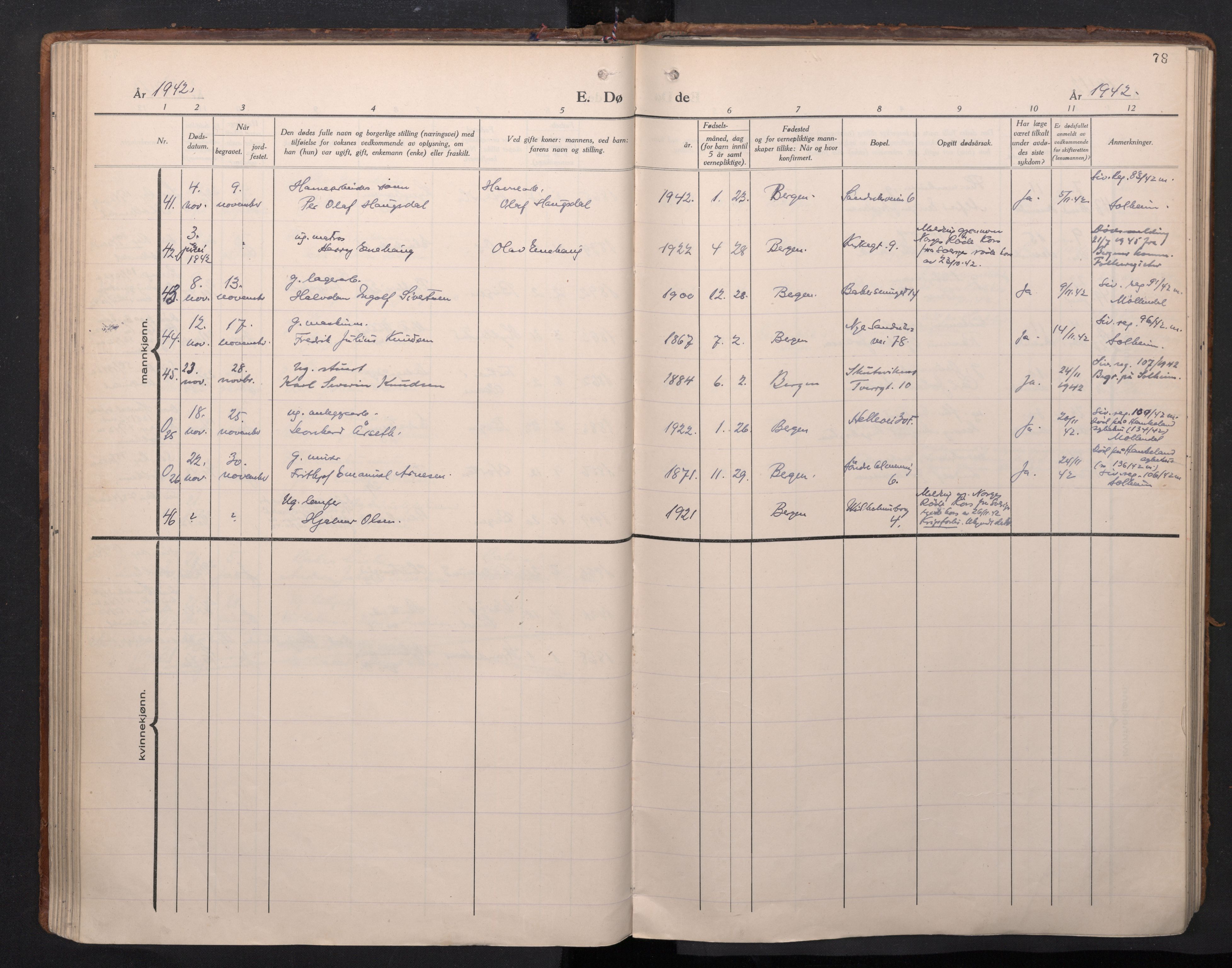 Sandviken Sokneprestembete, AV/SAB-A-77601/H/Ha/L0020: Ministerialbok nr. E 3, 1933-1962, s. 78