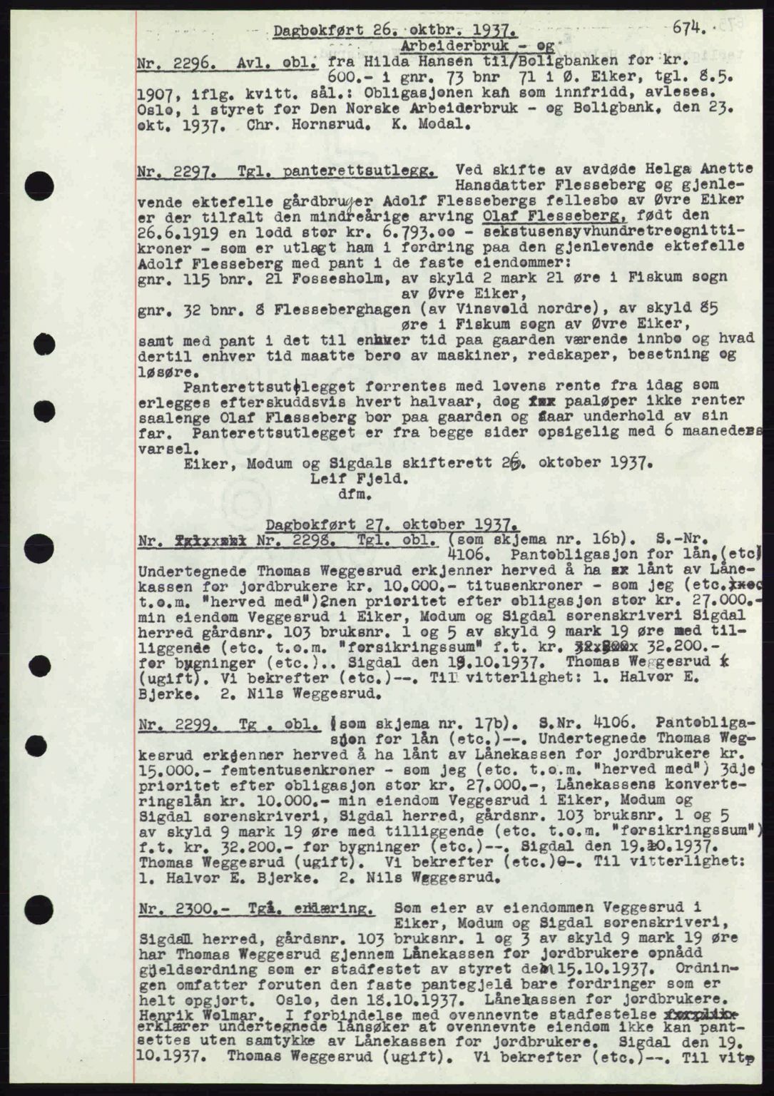 Eiker, Modum og Sigdal sorenskriveri, SAKO/A-123/G/Ga/Gab/L0036: Pantebok nr. A6, 1937-1937, Dagboknr: 2296/1937