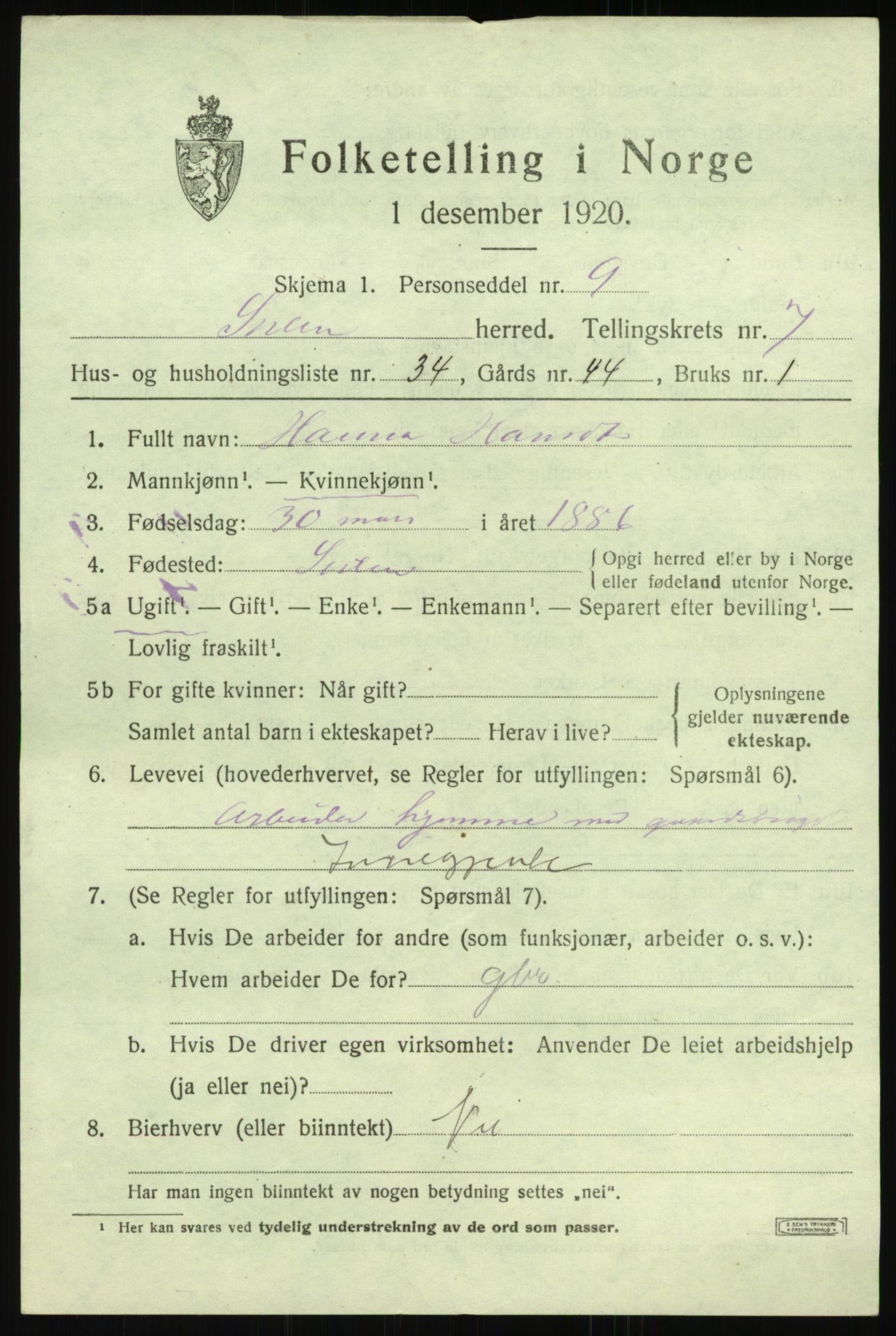 SAB, Folketelling 1920 for 1412 Solund herred, 1920, s. 3136