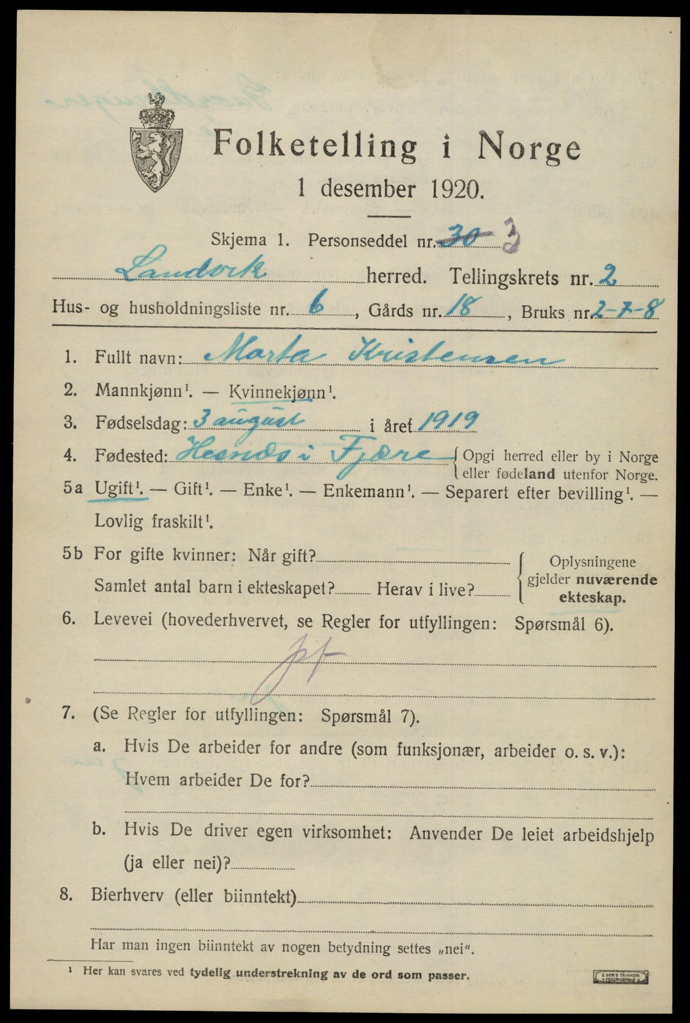 SAK, Folketelling 1920 for 0924 Landvik herred, 1920, s. 1830