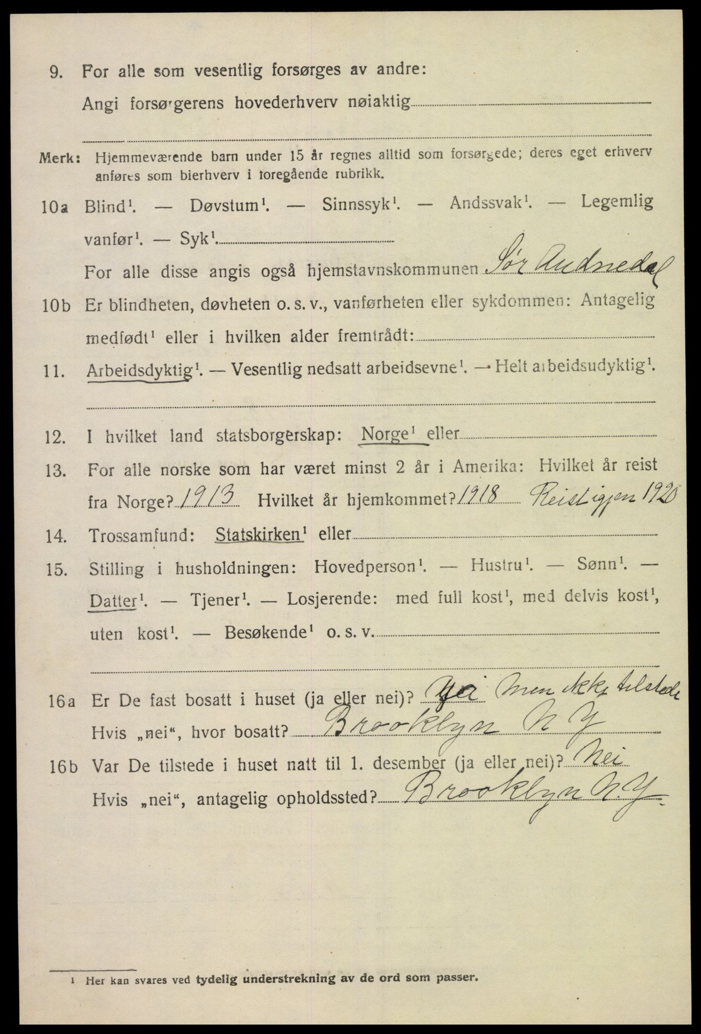 SAK, Folketelling 1920 for 1029 Sør-Audnedal herred, 1920, s. 2620