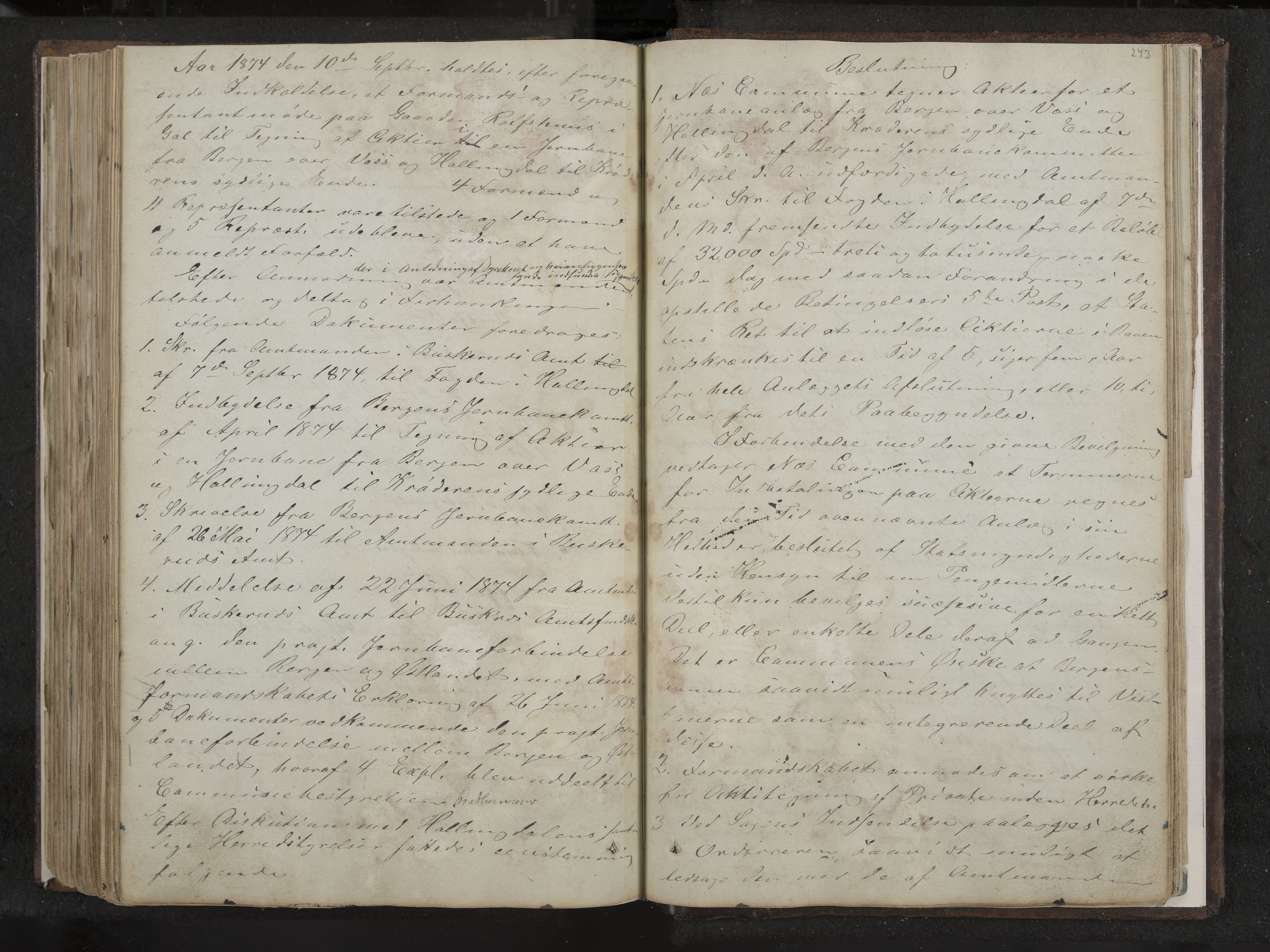 Nes formannskap og sentraladministrasjon, IKAK/0616021-1/A/Aa/L0001: Møtebok med register, 1838-1875, s. 243