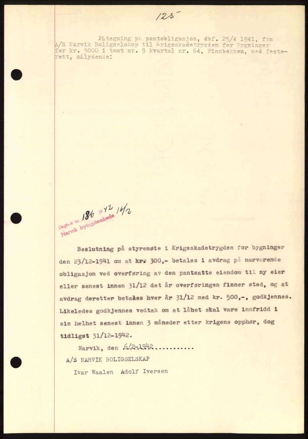 Narvik sorenskriveri, SAT/A-0002/1/2/2C/2Ca: Pantebok nr. A19, 1942-1943, Dagboknr: 186/1942