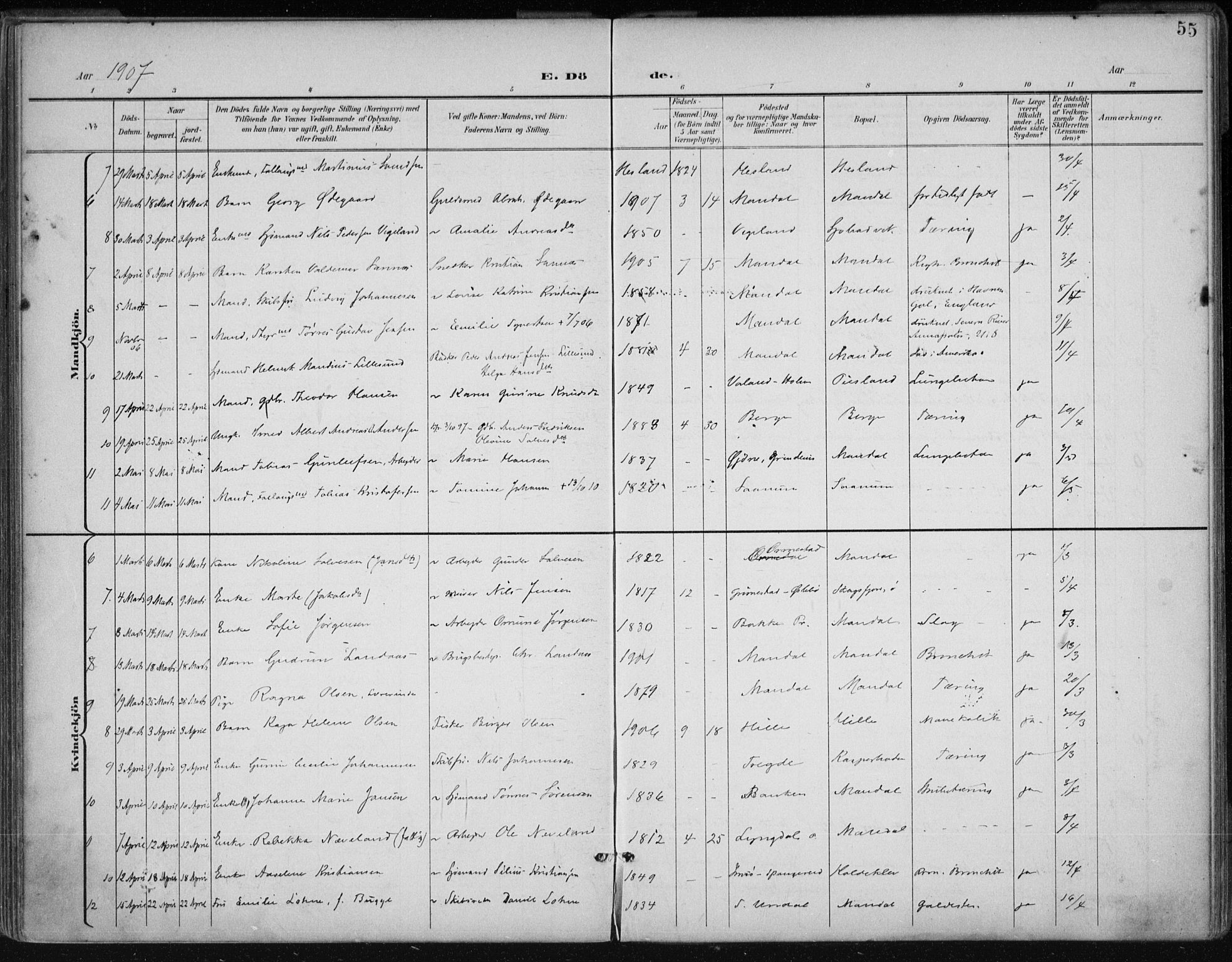 Mandal sokneprestkontor, AV/SAK-1111-0030/F/Fa/Faa/L0021: Ministerialbok nr. A 21, 1898-1913, s. 55