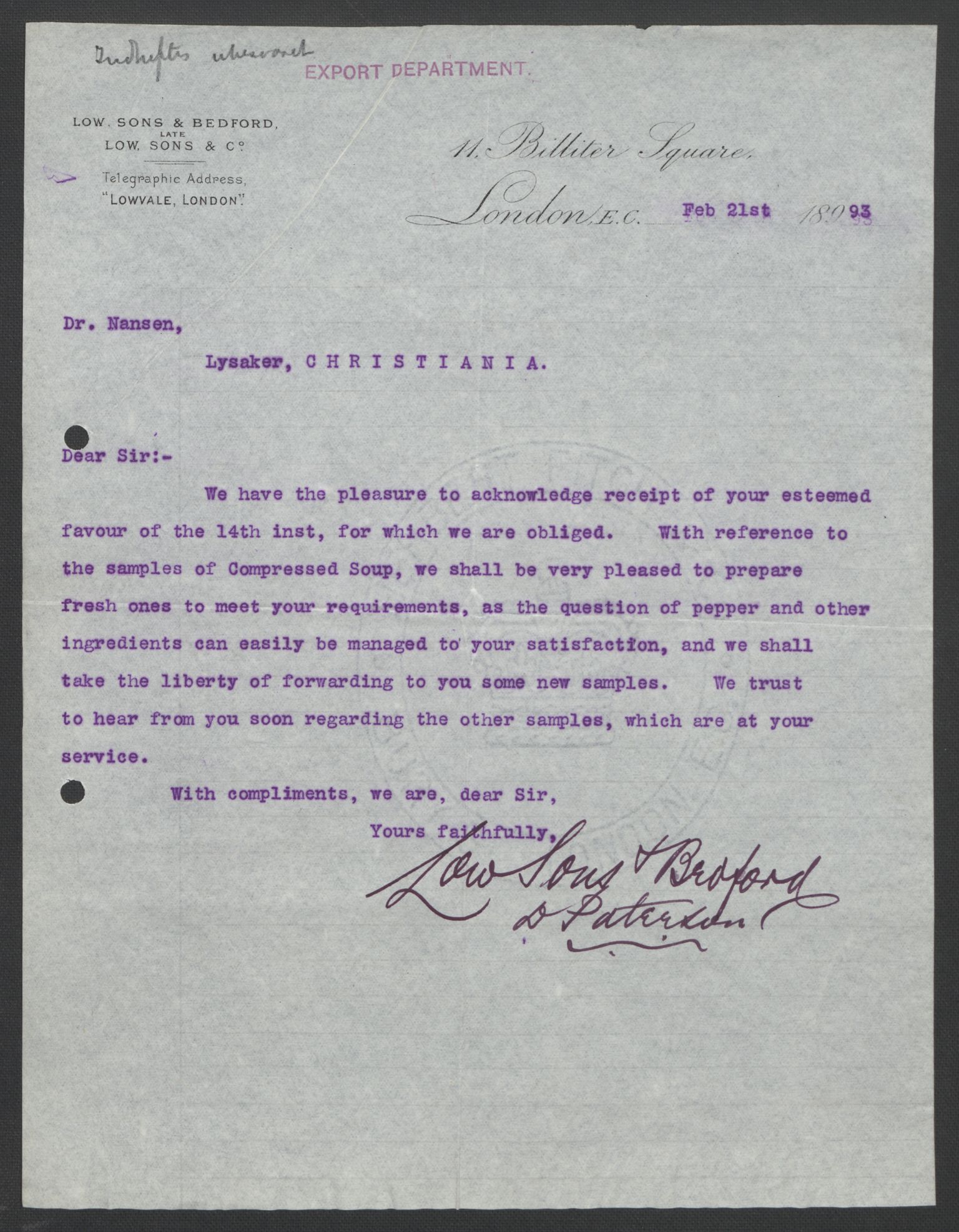 Arbeidskomitéen for Fridtjof Nansens polarekspedisjon, AV/RA-PA-0061/D/L0004: Innk. brev og telegrammer vedr. proviant og utrustning, 1892-1893, s. 357