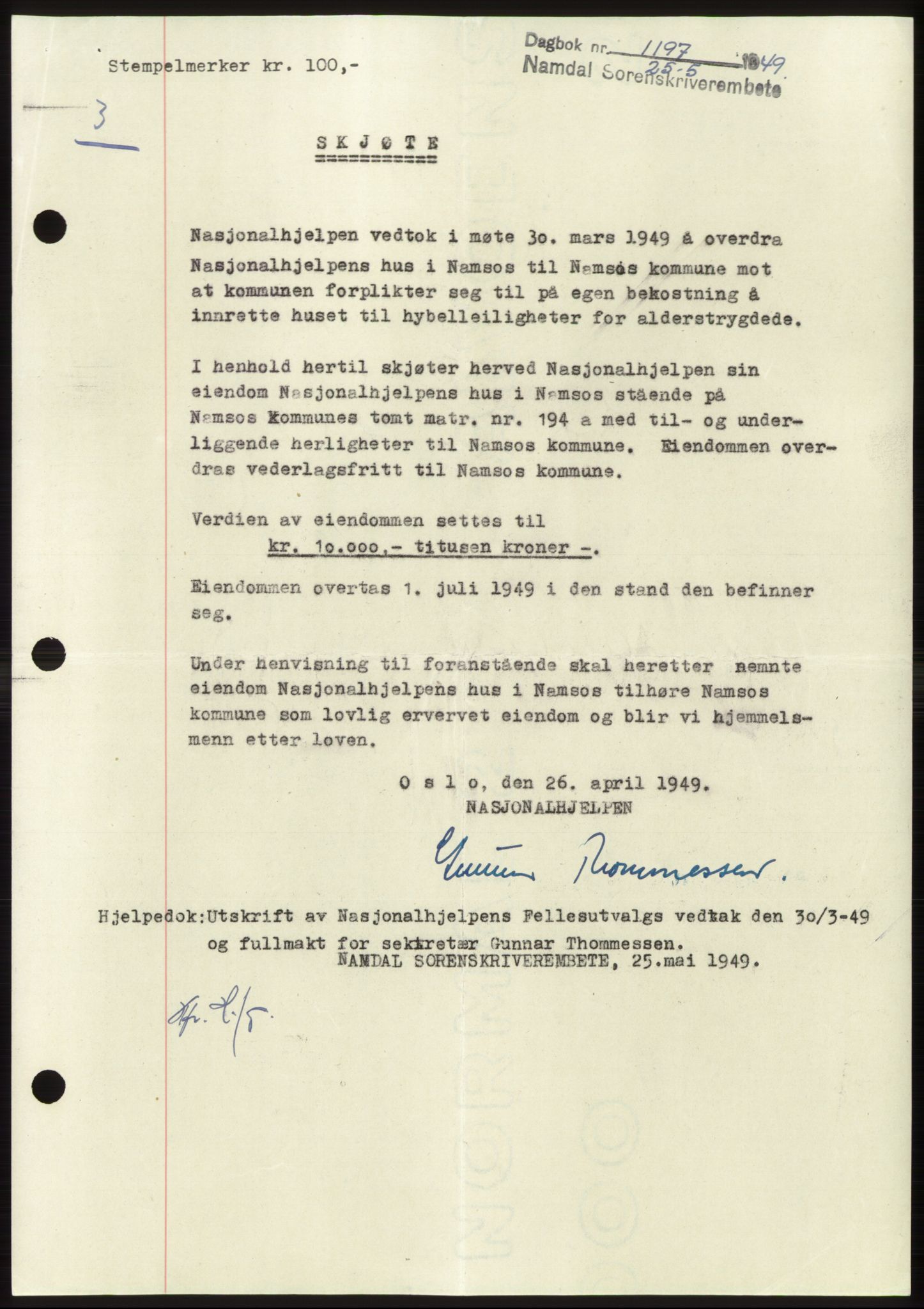 Namdal sorenskriveri, SAT/A-4133/1/2/2C: Pantebok nr. -, 1949-1949, Dagboknr: 1197/1949