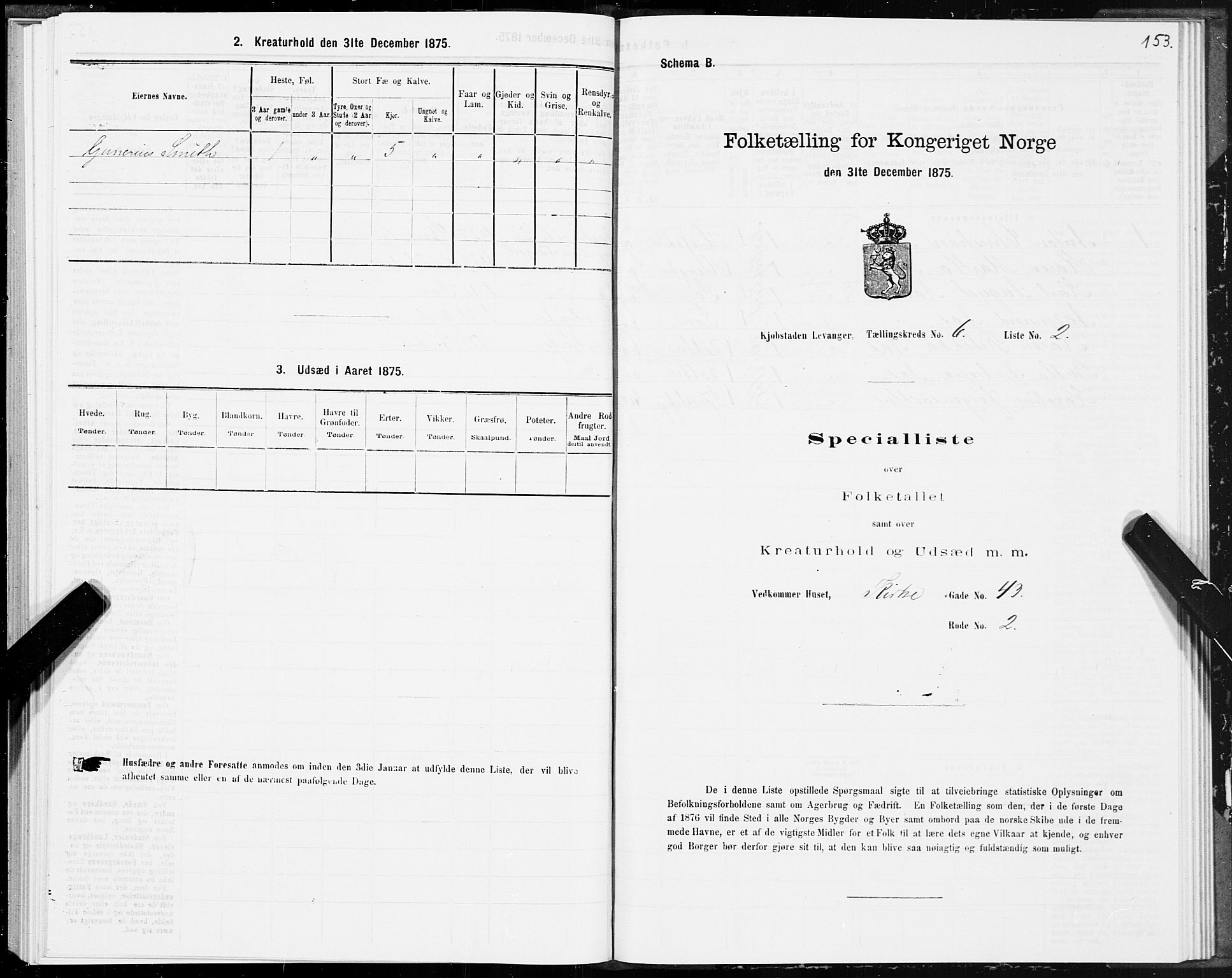 SAT, Folketelling 1875 for 1701B Levanger prestegjeld, Levanger kjøpstad, 1875, s. 153