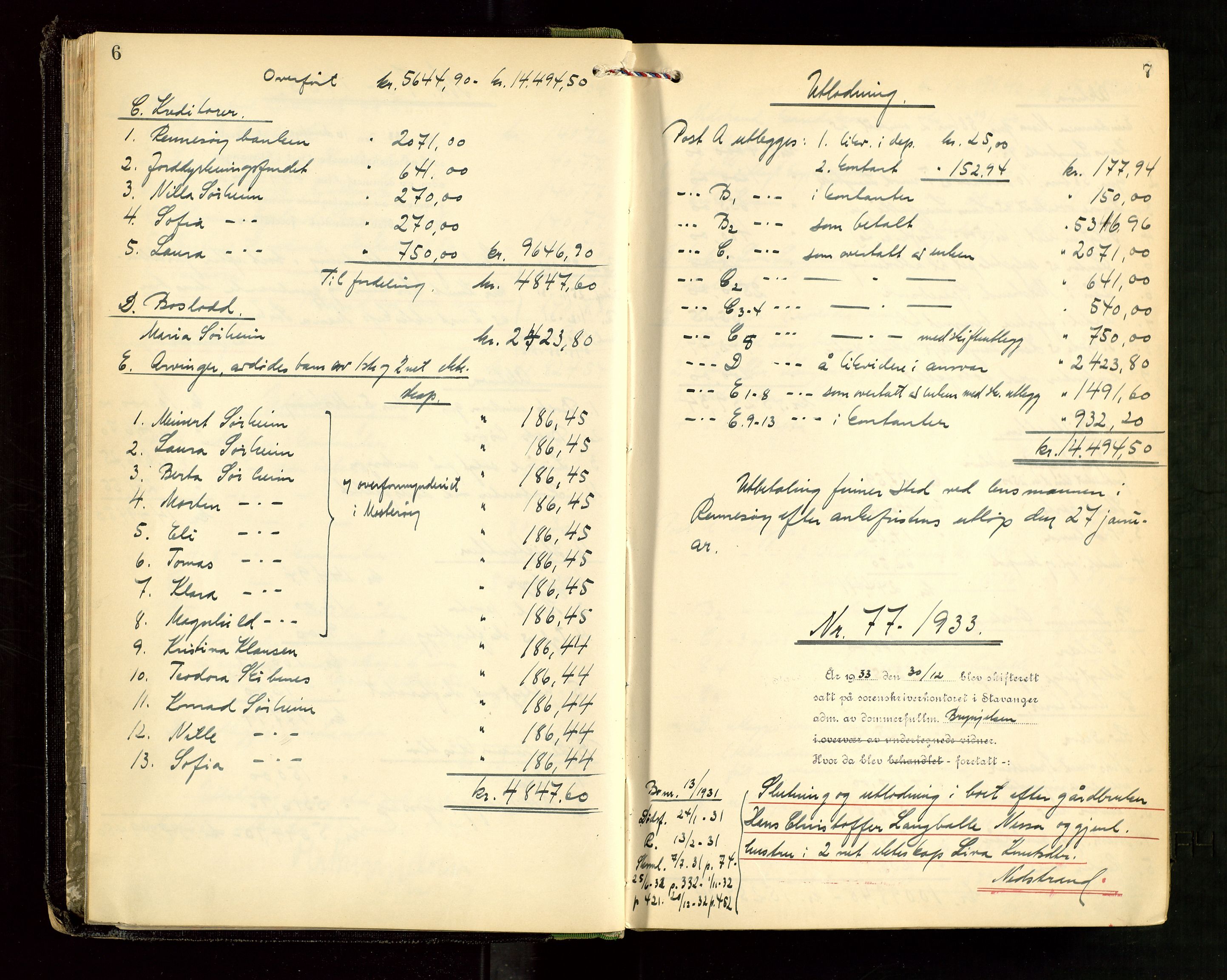 Ryfylke tingrett, AV/SAST-A-100055/001/IV/IVG/L0008: Skifteutlodningsprotokoll Med register, 1933-1939, s. 6-7