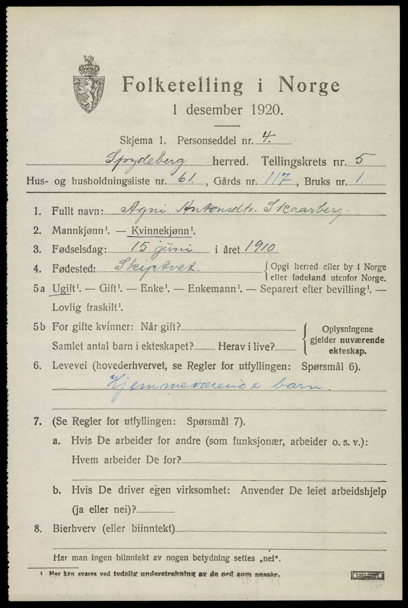 SAO, Folketelling 1920 for 0123 Spydeberg herred, 1920, s. 6883