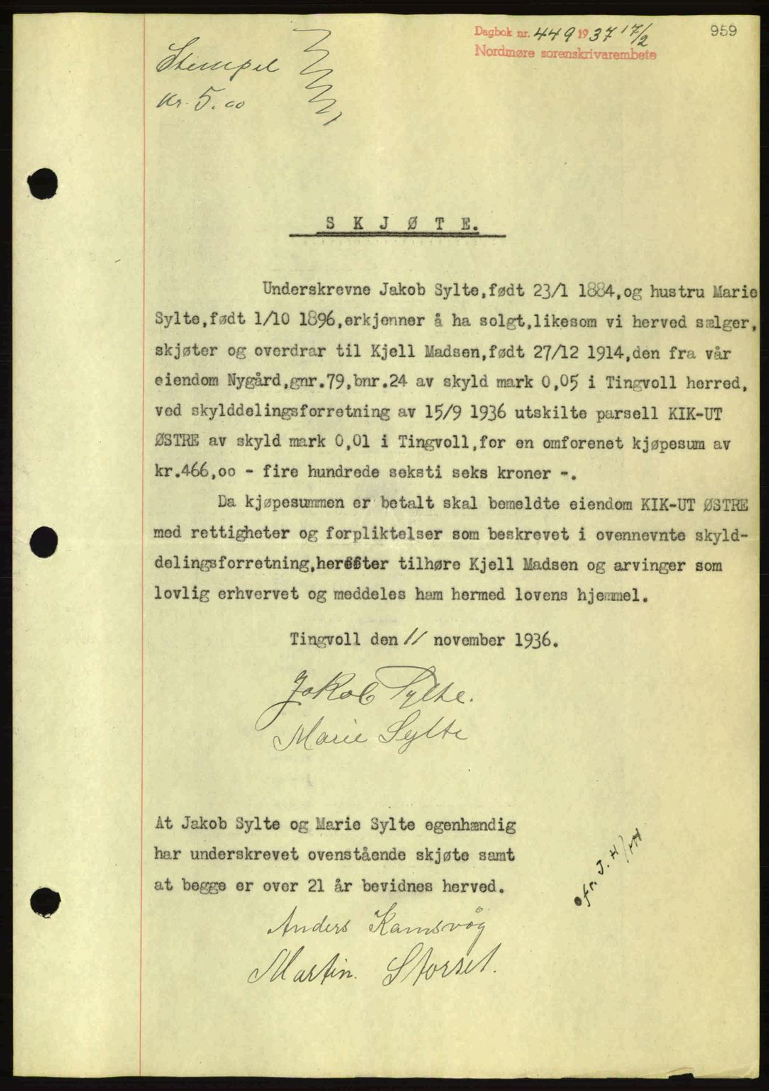 Nordmøre sorenskriveri, SAT/A-4132/1/2/2Ca: Pantebok nr. A80, 1936-1937, Dagboknr: 449/1937