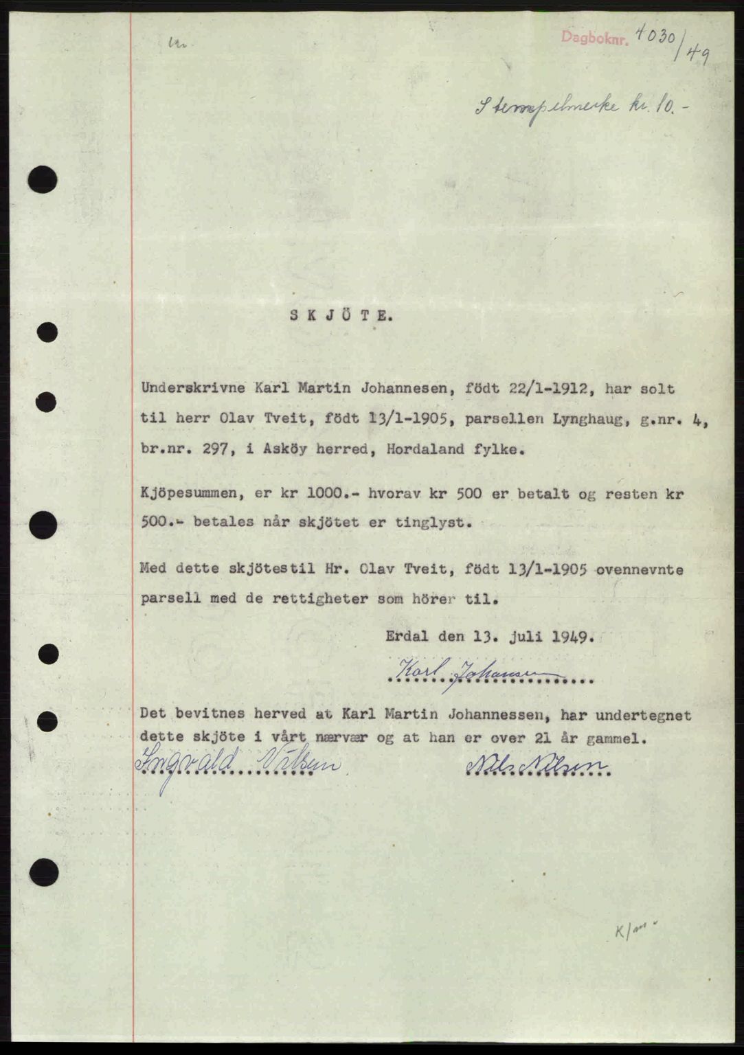 Midhordland sorenskriveri, SAB/A-3001/1/G/Gb/Gbh/L0032: Pantebok nr. A62-63, 1949-1949, Dagboknr: 4030/1949