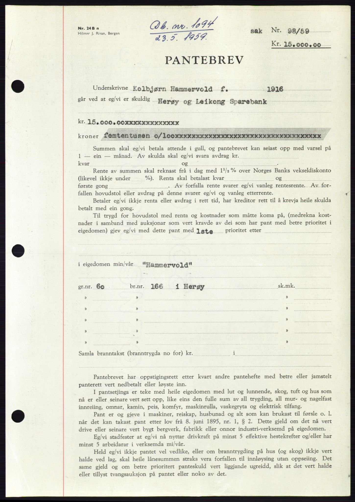 Søre Sunnmøre sorenskriveri, SAT/A-4122/1/2/2C/L0133: Pantebok nr. 21B, 1959-1959, Dagboknr: 1094/1959