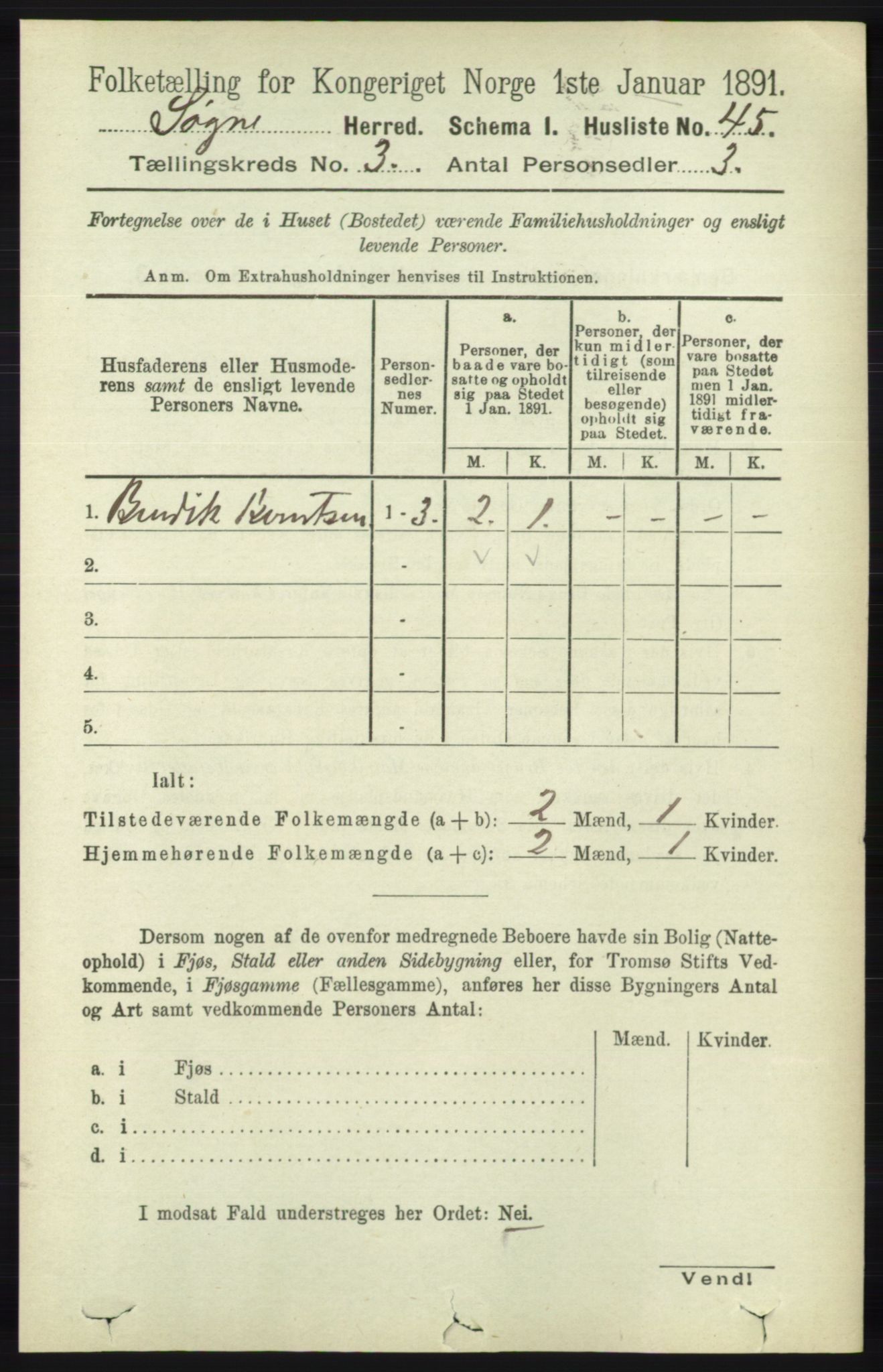 RA, Folketelling 1891 for 1018 Søgne herred, 1891, s. 311