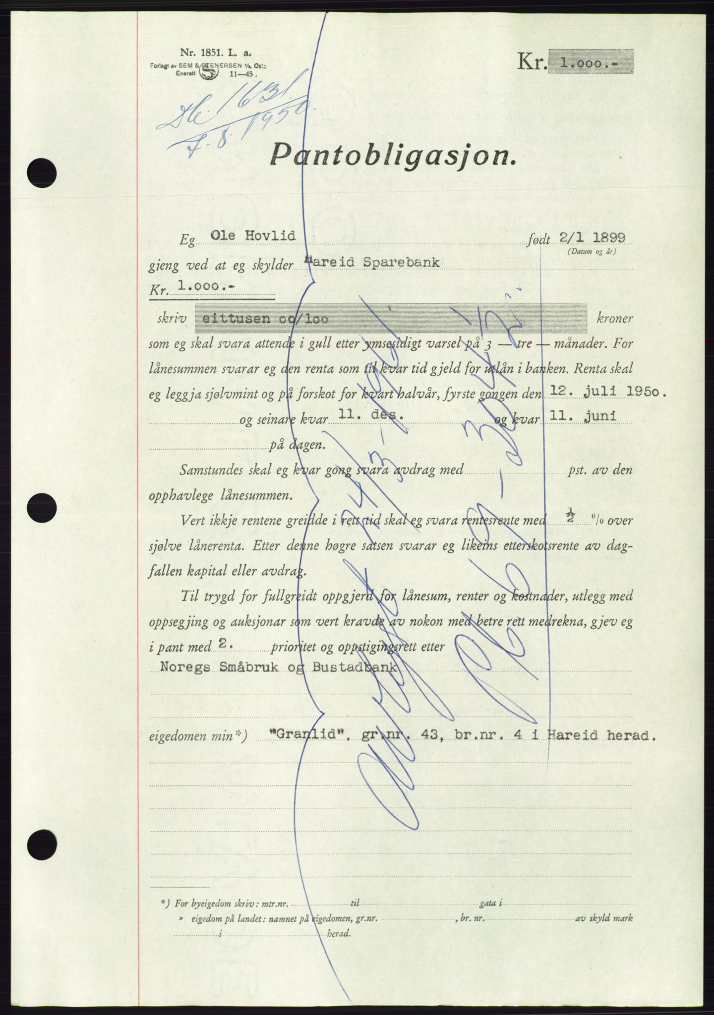 Søre Sunnmøre sorenskriveri, AV/SAT-A-4122/1/2/2C/L0119: Pantebok nr. 7B, 1950-1951, Dagboknr: 1631/1950