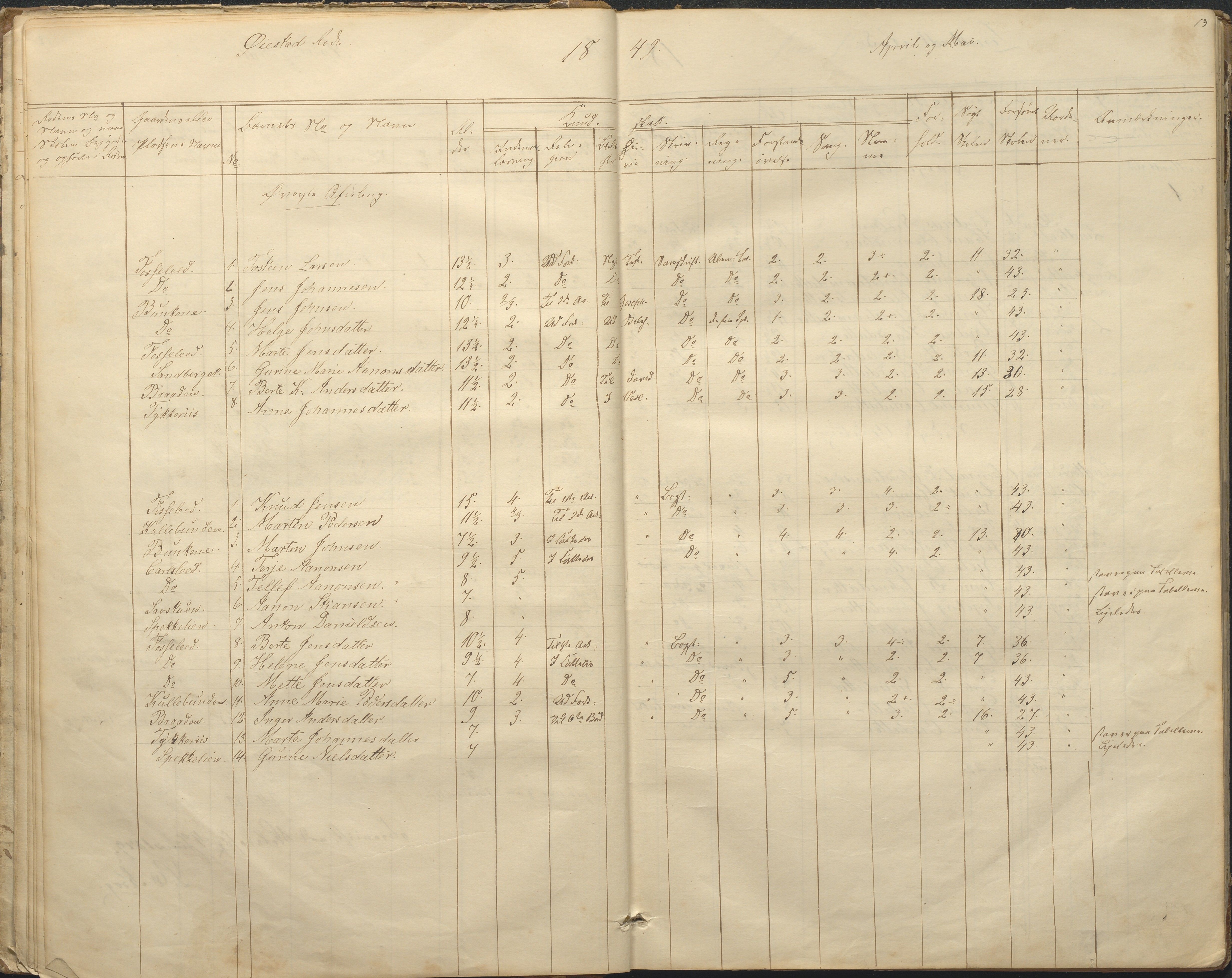 Øyestad kommune frem til 1979, AAKS/KA0920-PK/06/06F/L0001: Skolejournal, 1848-1864, s. 13