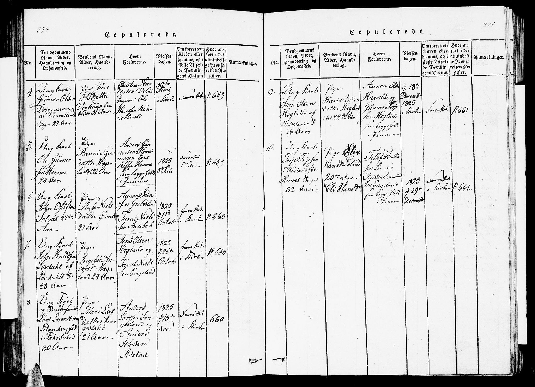 Vennesla sokneprestkontor, AV/SAK-1111-0045/Fb/Fbc/L0001: Klokkerbok nr. B 1, 1820-1834, s. 374-375