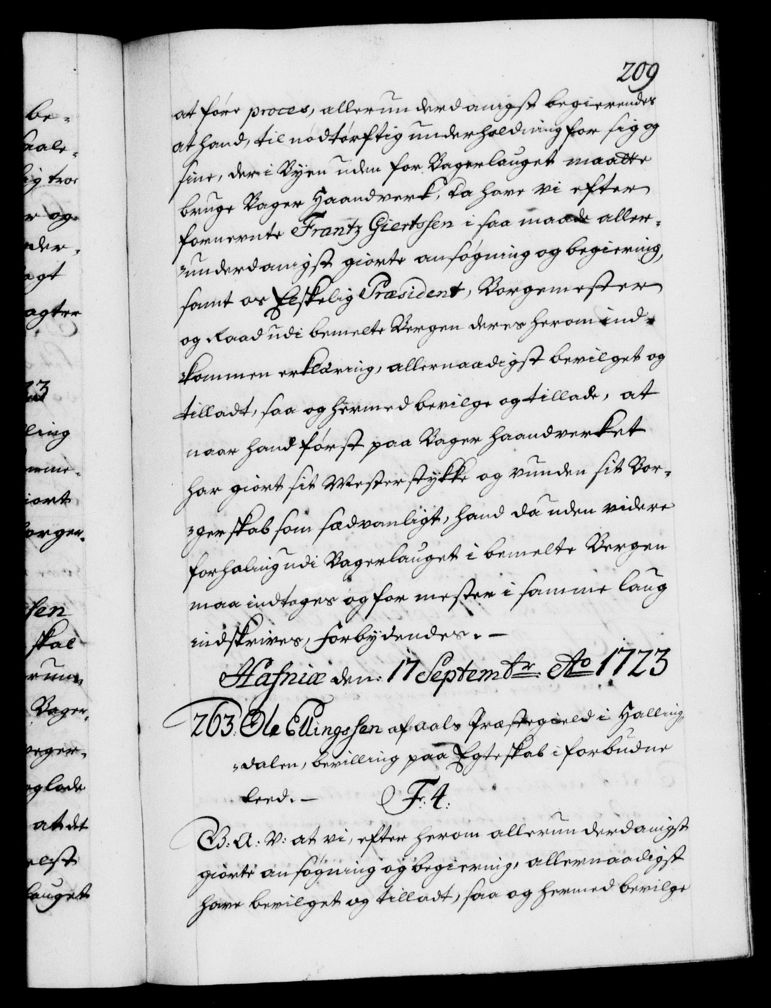 Danske Kanselli 1572-1799, AV/RA-EA-3023/F/Fc/Fca/Fcaa/L0024: Norske registre, 1723-1725, s. 209a