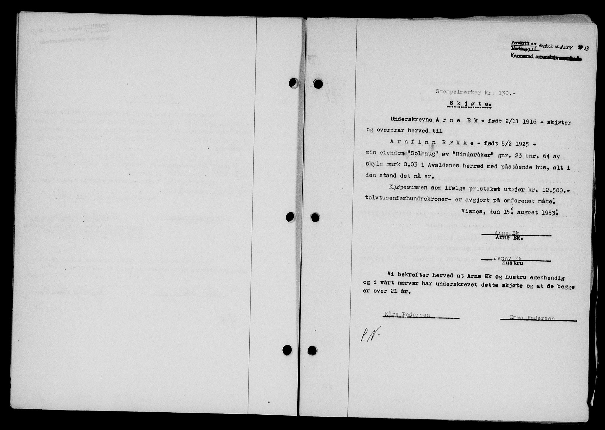 Karmsund sorenskriveri, SAST/A-100311/01/II/IIB/L0109: Pantebok nr. 89A, 1953-1953, Dagboknr: 2554/1953