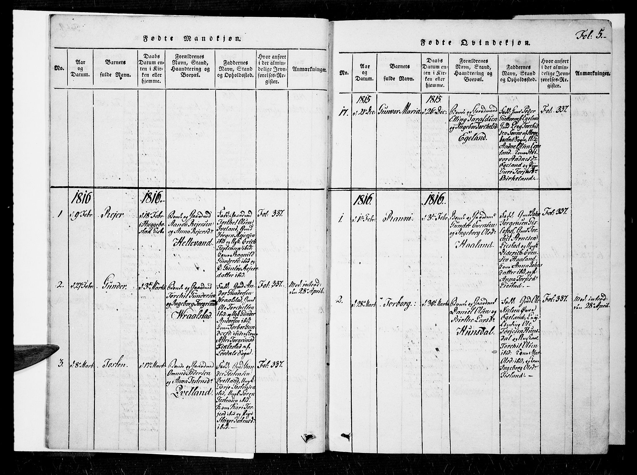 Nord-Audnedal sokneprestkontor, AV/SAK-1111-0032/F/Fa/Faa/L0001: Ministerialbok nr. A 1, 1815-1856, s. 5