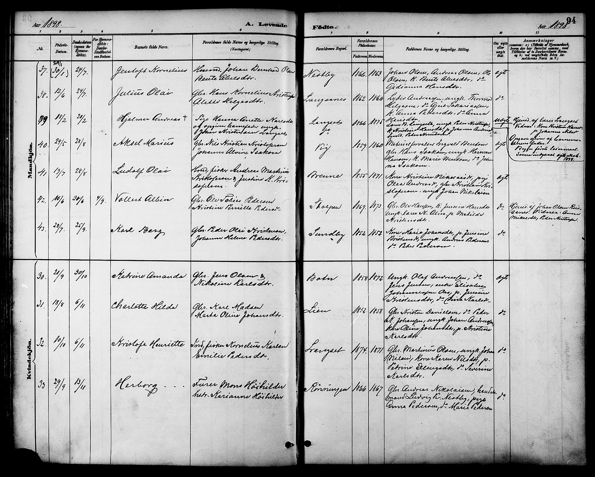 Ministerialprotokoller, klokkerbøker og fødselsregistre - Nordland, AV/SAT-A-1459/847/L0669: Ministerialbok nr. 847A09, 1887-1901, s. 94