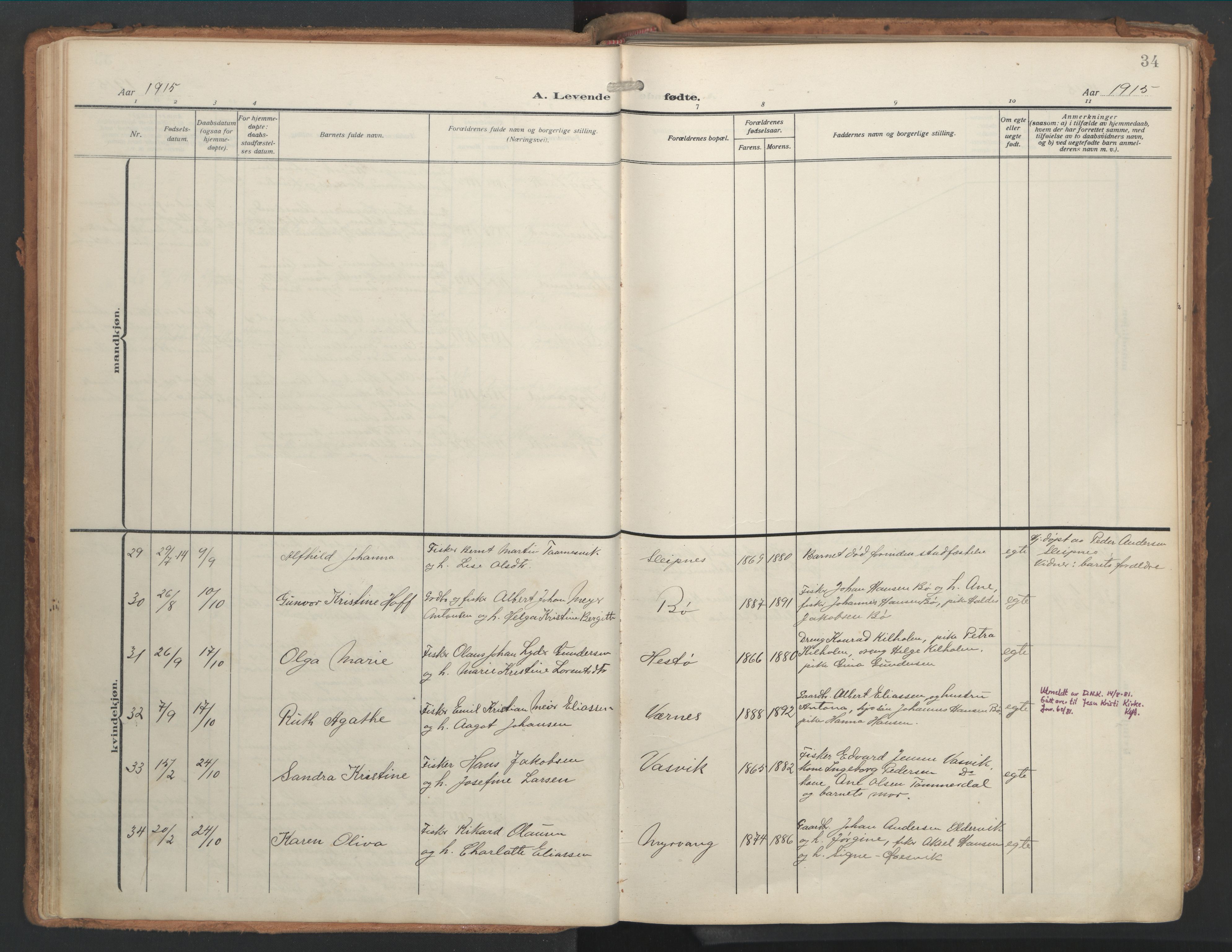 Ministerialprotokoller, klokkerbøker og fødselsregistre - Nordland, SAT/A-1459/841/L0614: Ministerialbok nr. 841A17, 1911-1925, s. 34