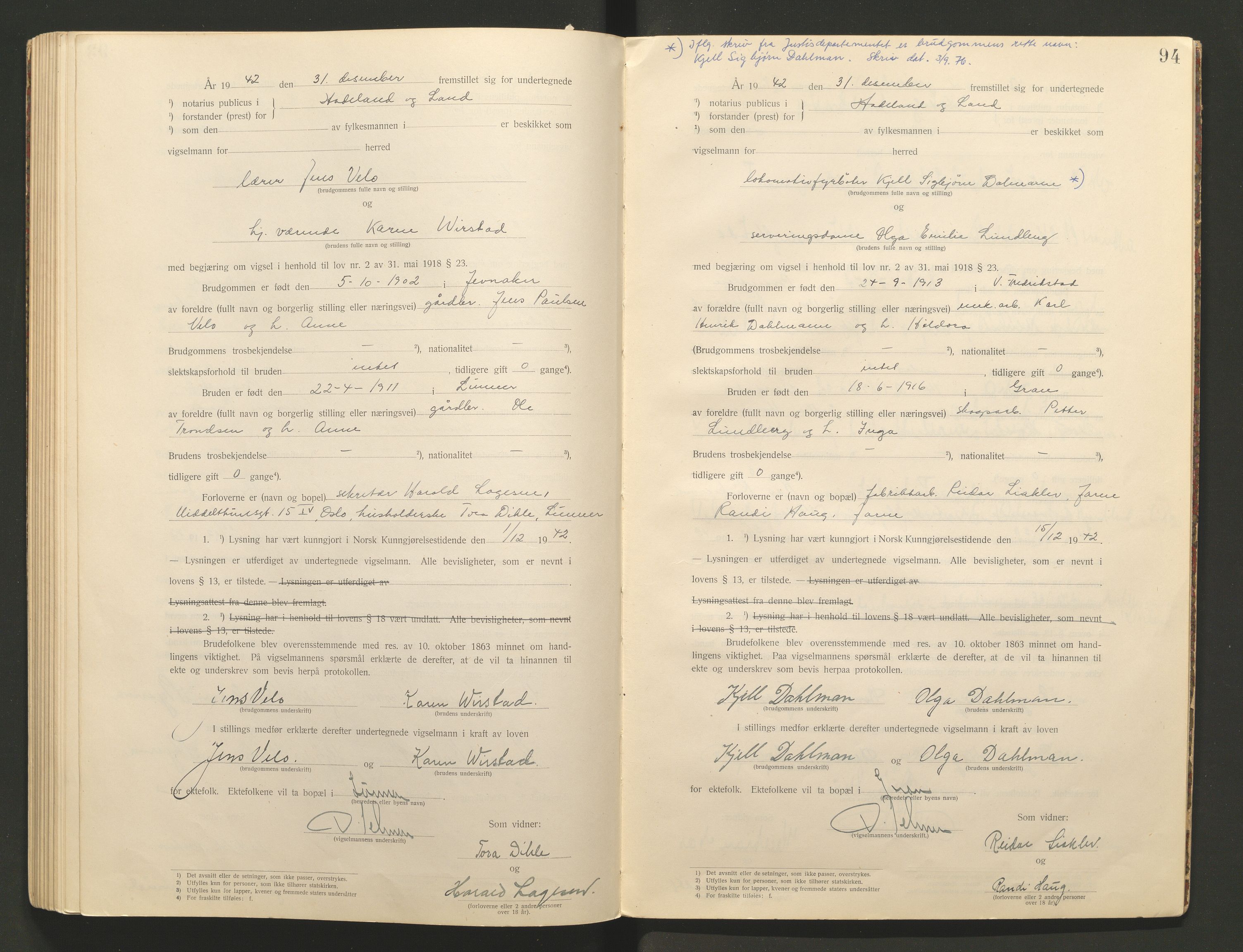 Hadeland og Land tingrett, AV/SAH-TING-010/L/Lb/L0001: Vigselbok, 1920-1943, s. 94
