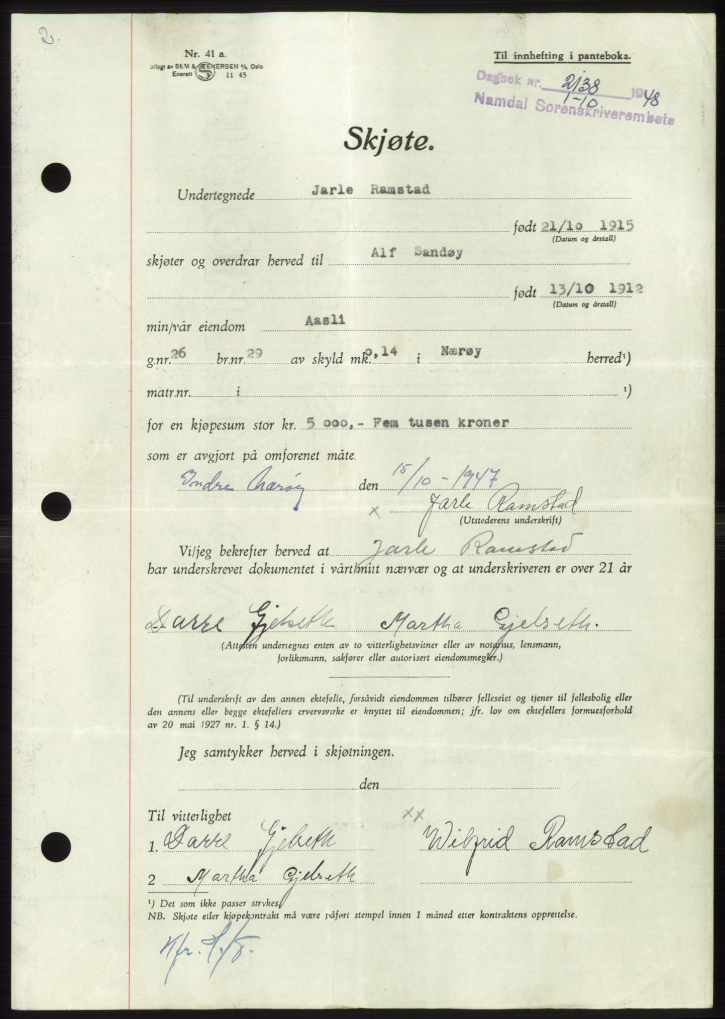 Namdal sorenskriveri, SAT/A-4133/1/2/2C: Pantebok nr. -, 1948-1948, Dagboknr: 2138/1948