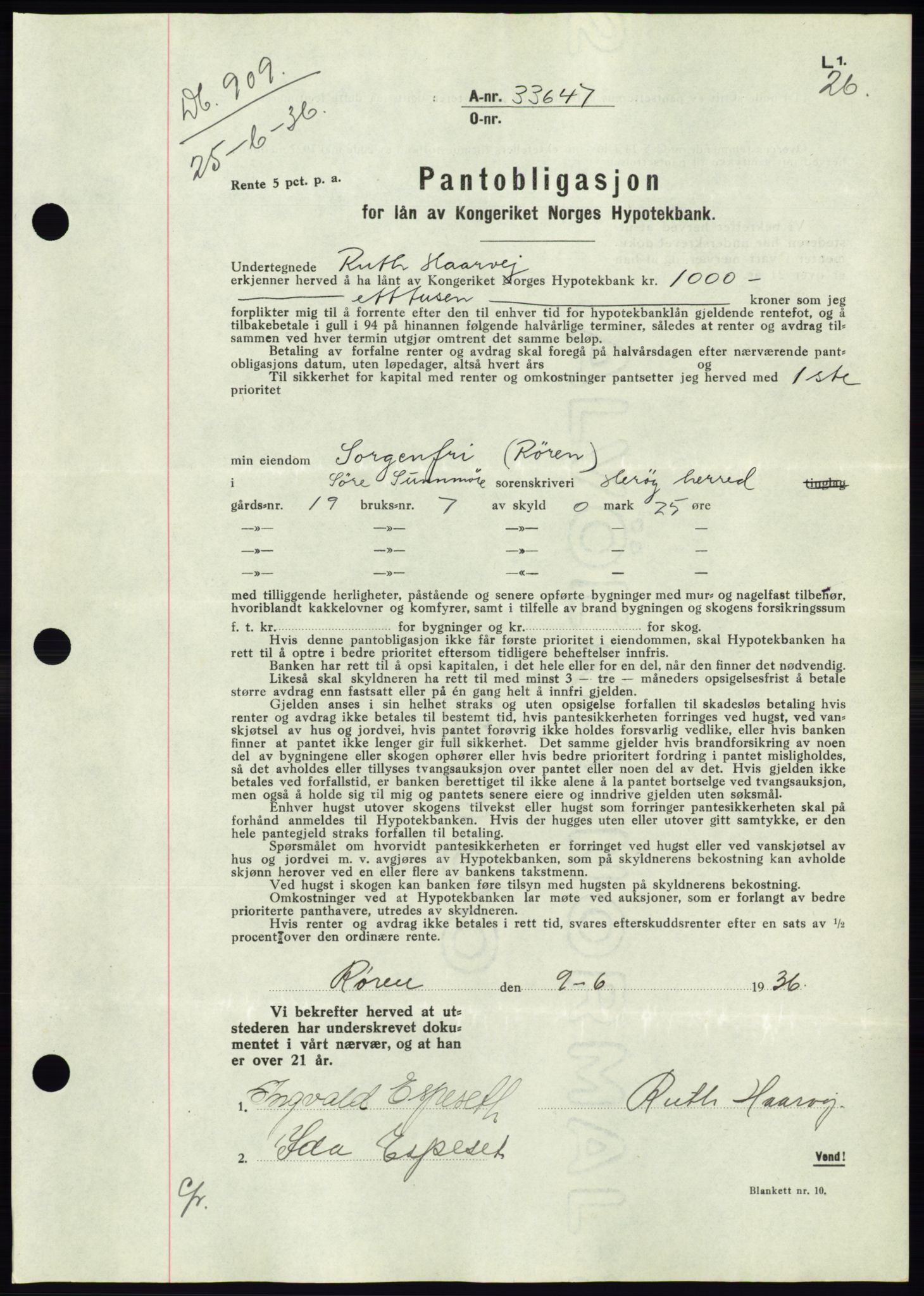 Søre Sunnmøre sorenskriveri, SAT/A-4122/1/2/2C/L0061: Pantebok nr. 55, 1936-1936, Dagboknr: 909/1936