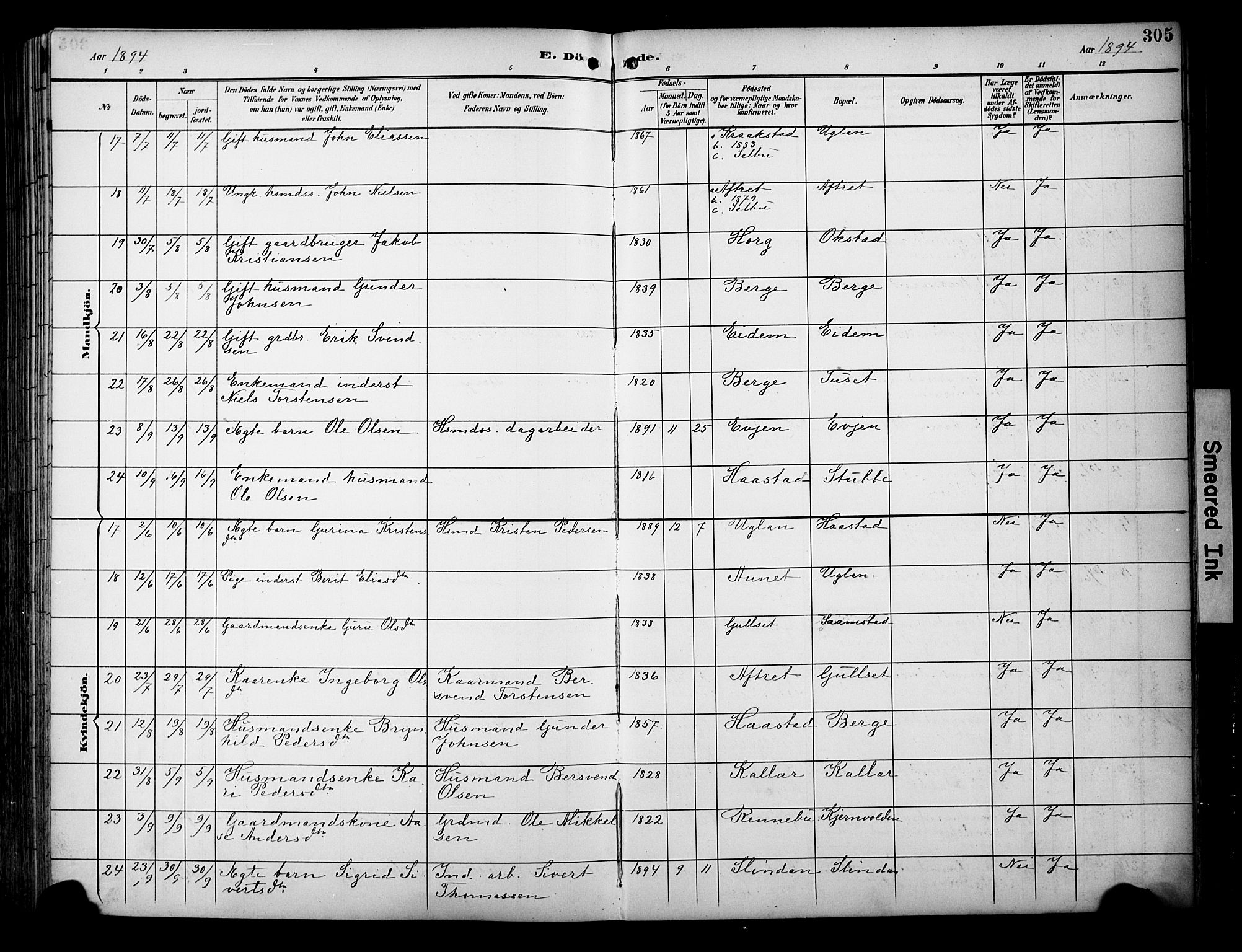 Ministerialprotokoller, klokkerbøker og fødselsregistre - Sør-Trøndelag, SAT/A-1456/695/L1149: Ministerialbok nr. 695A09, 1891-1902, s. 305
