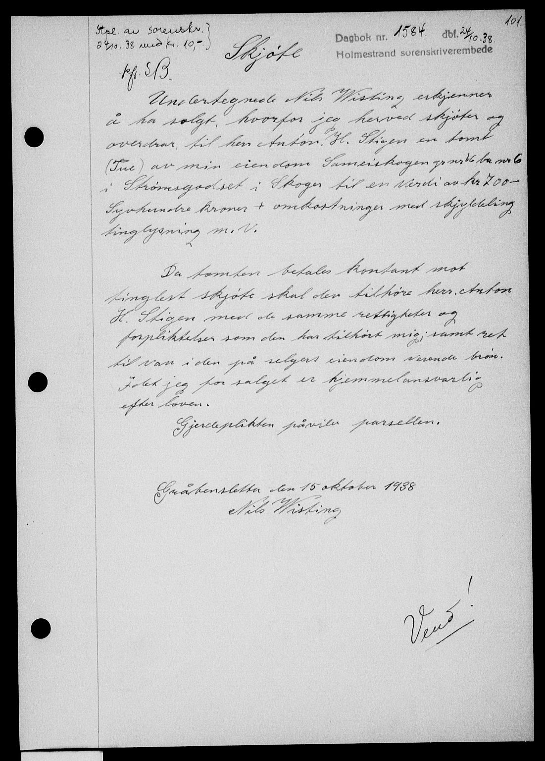Holmestrand sorenskriveri, SAKO/A-67/G/Ga/Gaa/L0050: Pantebok nr. A-50, 1938-1939, Dagboknr: 1584/1938
