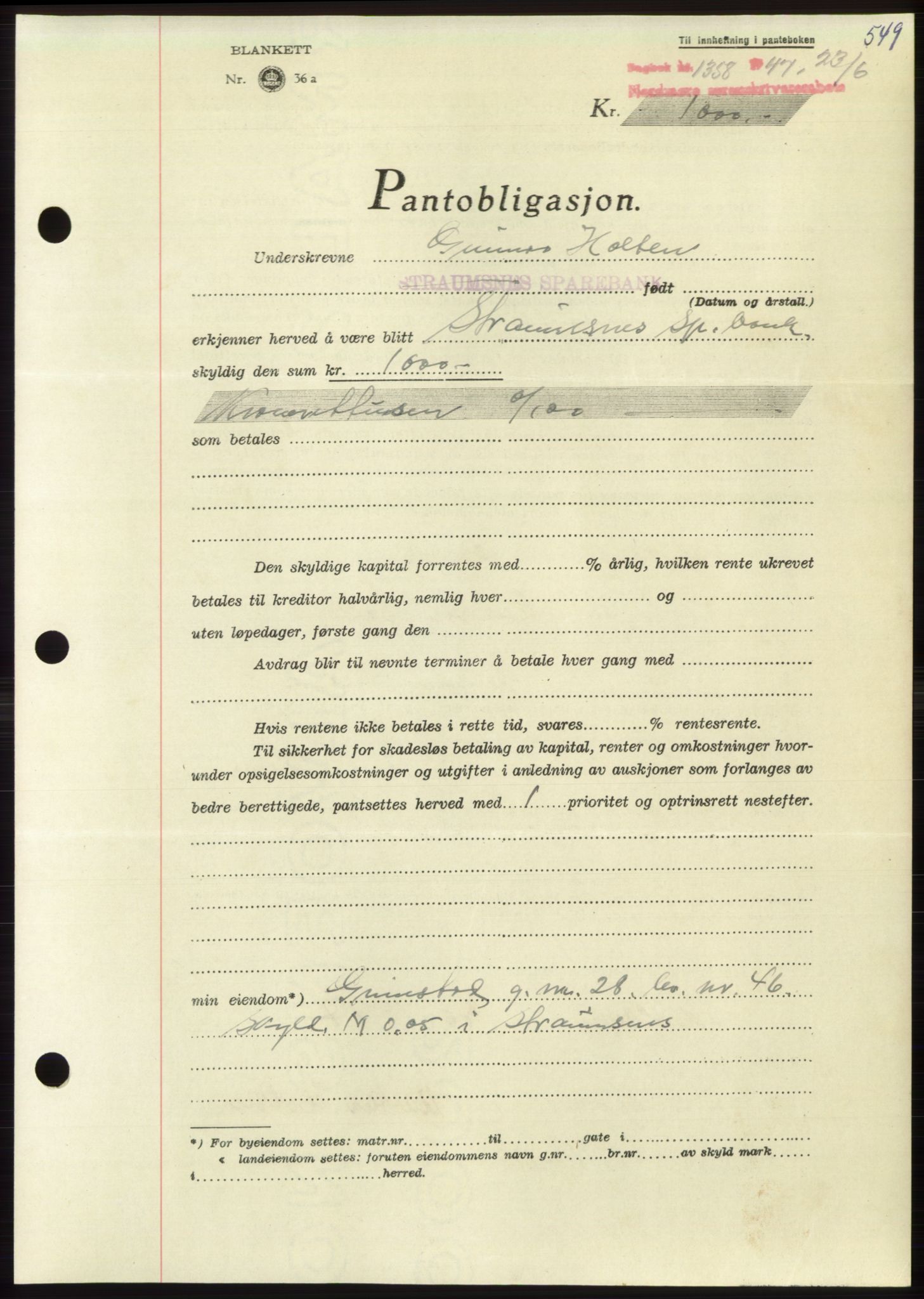 Nordmøre sorenskriveri, AV/SAT-A-4132/1/2/2Ca: Pantebok nr. B96, 1947-1947, Dagboknr: 1358/1947