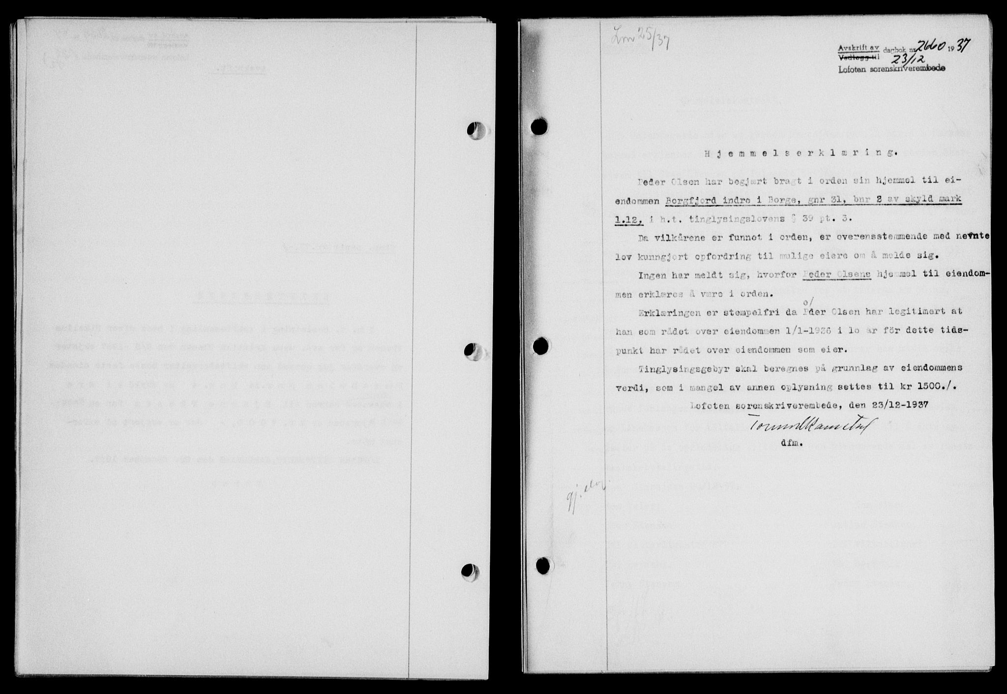 Lofoten sorenskriveri, SAT/A-0017/1/2/2C/L0003a: Pantebok nr. 3a, 1937-1938, Dagboknr: 2660/1937