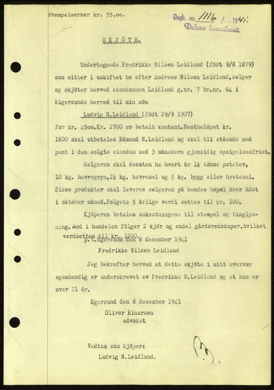 Dalane sorenskriveri, SAST/A-100309/02/G/Gb/L0045: Pantebok nr. A6, 1941-1942, Dagboknr: 1116/1941