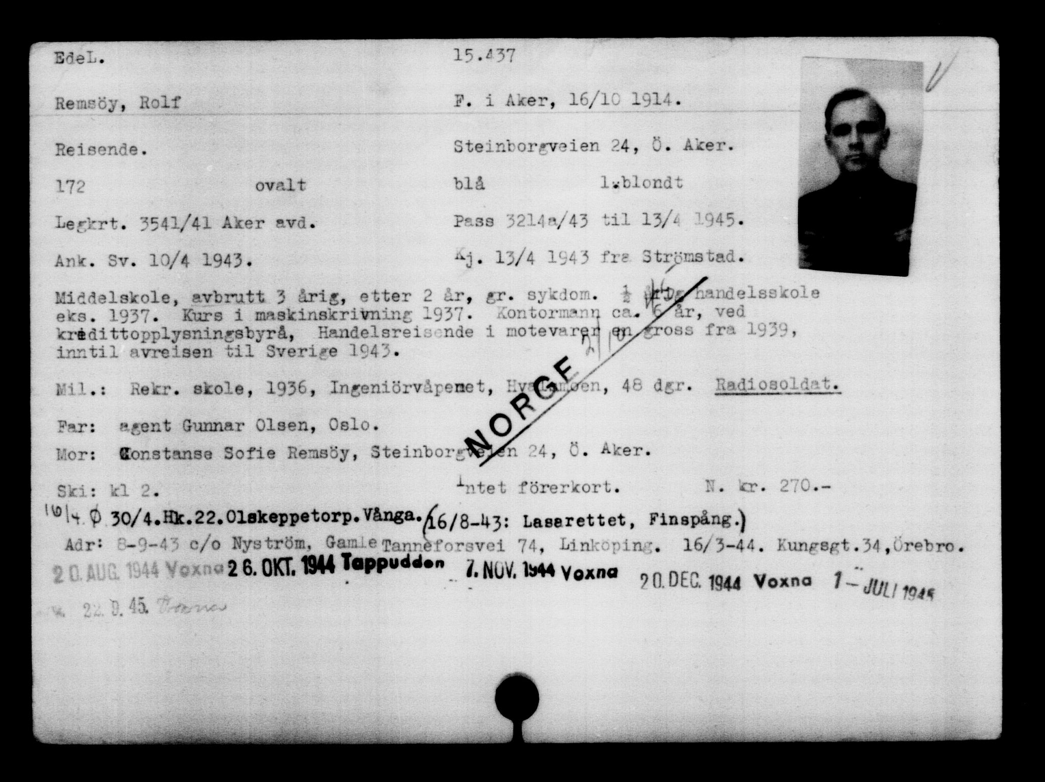 Utenriksstasjonene, Legasjonen i Stockholm, Flyktningkontoret, AV/RA-S-6753/V/Va/L0007: Kjesäterkartoteket, flyktninger med registreringsnr. 12700-15723, 1940-1945, s. 3136