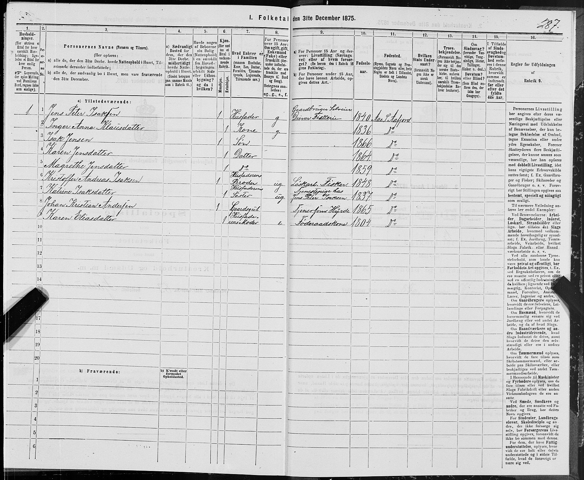 SAT, Folketelling 1875 for 1630P Aafjorden prestegjeld, 1875, s. 2287