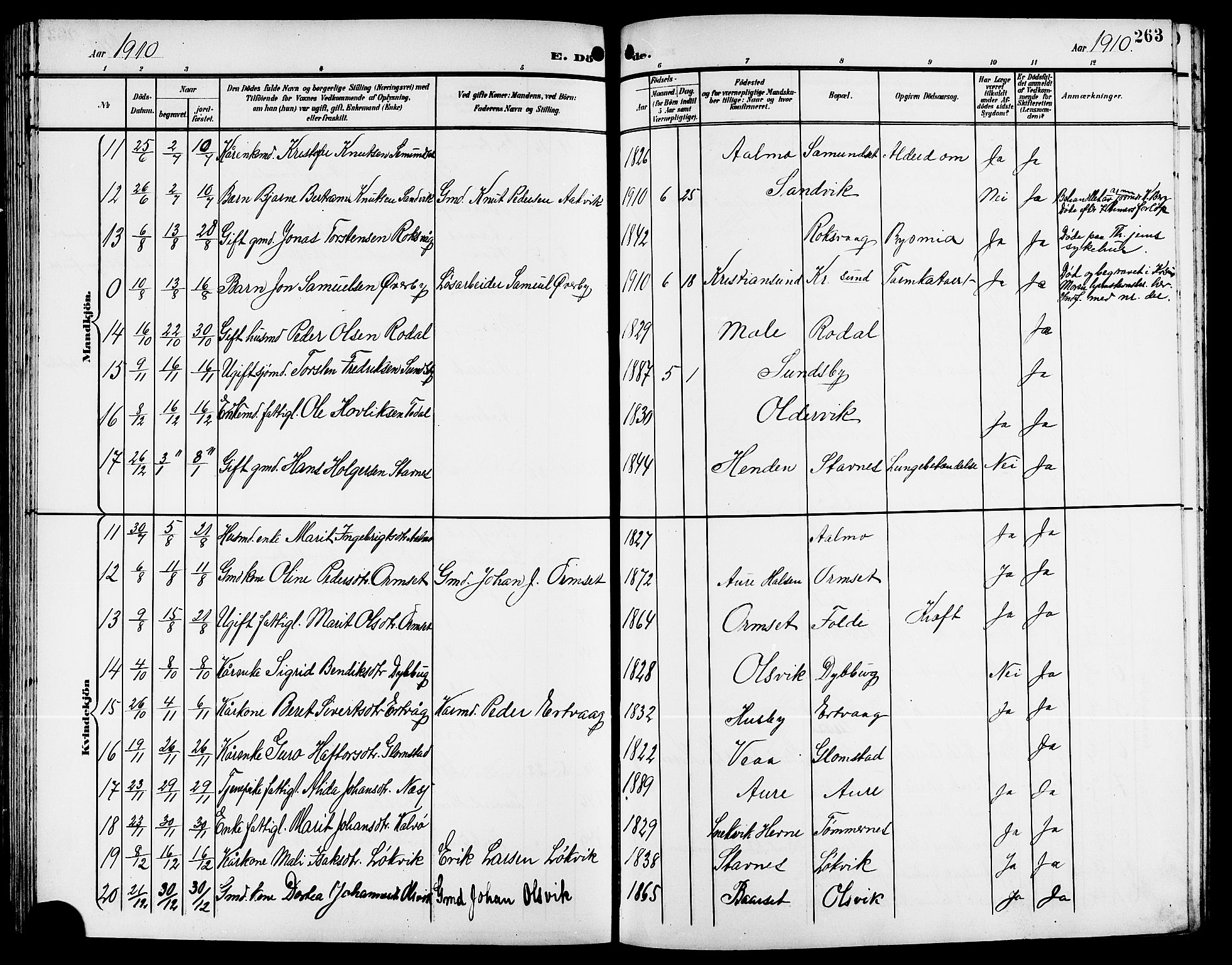 Ministerialprotokoller, klokkerbøker og fødselsregistre - Møre og Romsdal, AV/SAT-A-1454/578/L0910: Klokkerbok nr. 578C03, 1900-1921, s. 263