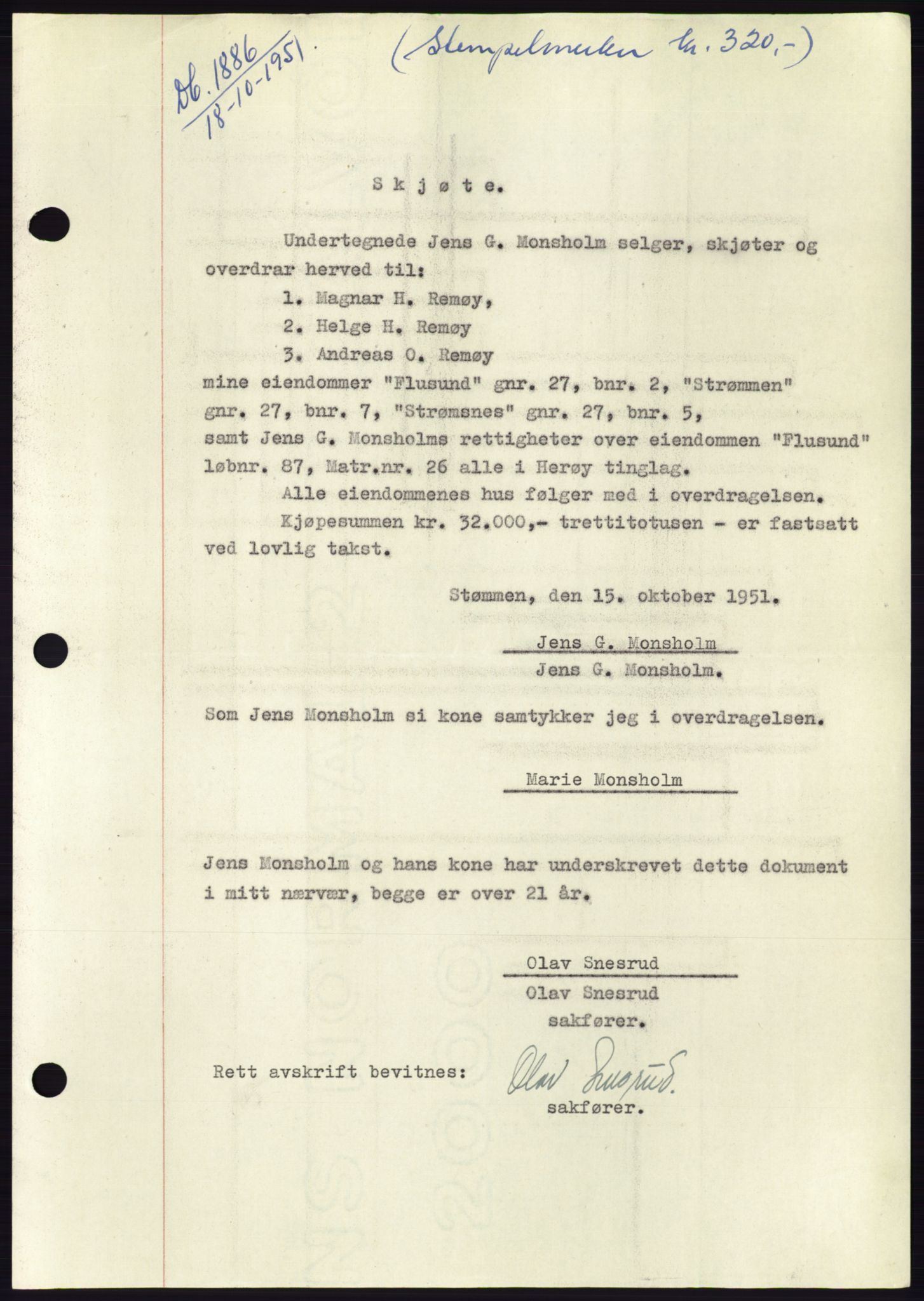 Søre Sunnmøre sorenskriveri, AV/SAT-A-4122/1/2/2C/L0090: Pantebok nr. 16A, 1951-1951, Dagboknr: 1886/1951