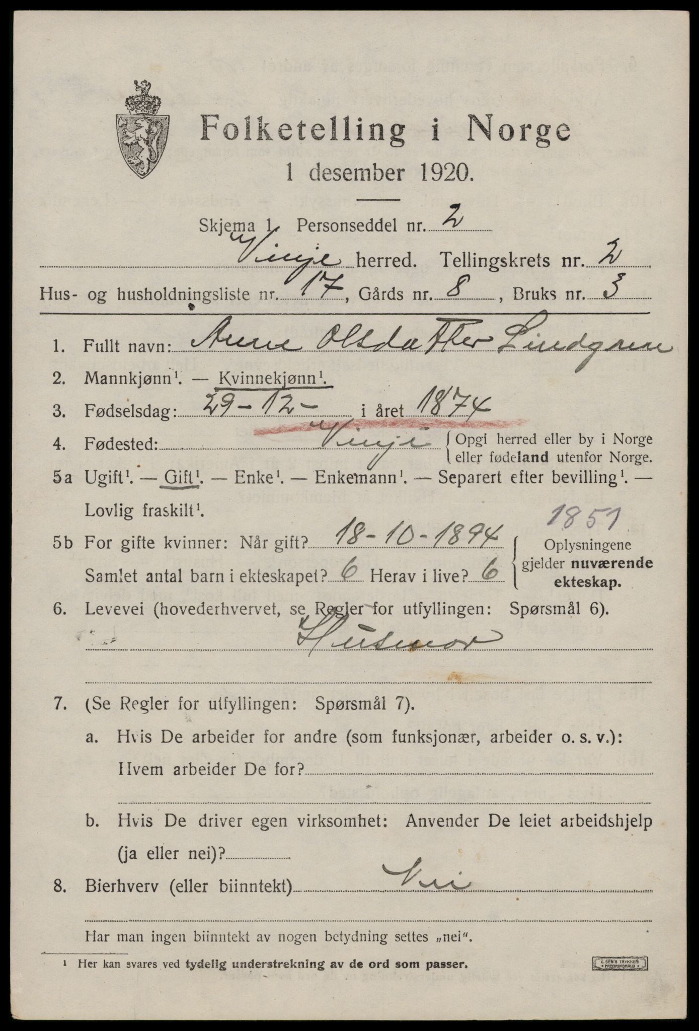 SAKO, Folketelling 1920 for 0834 Vinje herred, 1920, s. 1037