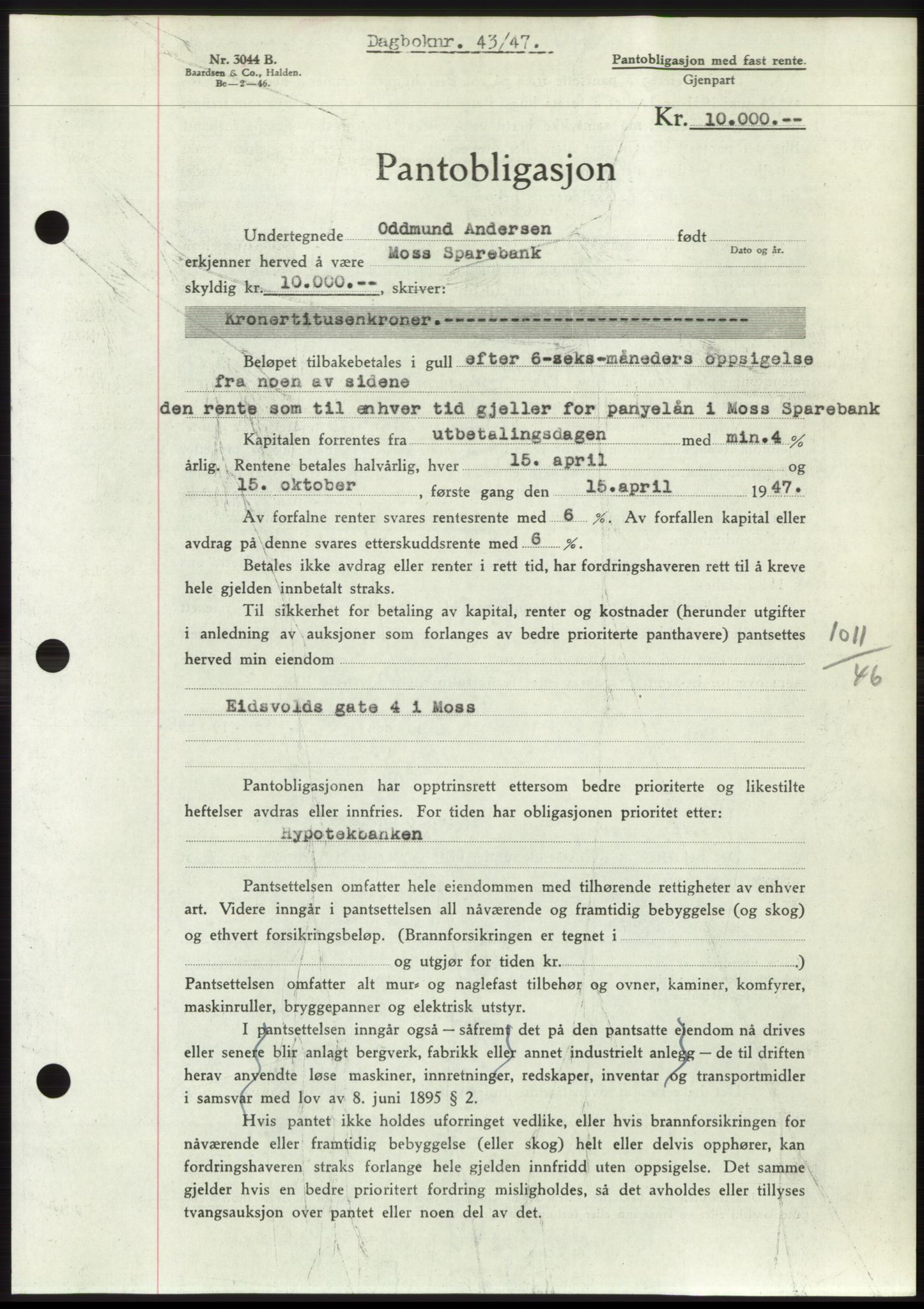Moss sorenskriveri, SAO/A-10168: Pantebok nr. B16, 1946-1947, Dagboknr: 43/1947