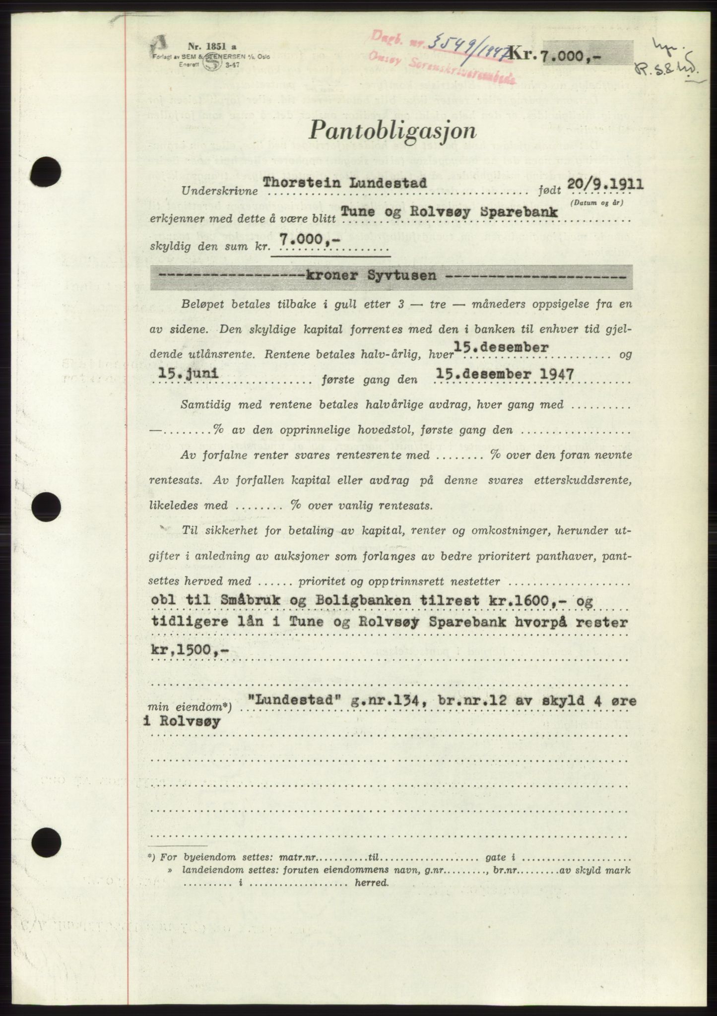 Onsøy sorenskriveri, SAO/A-10474/G/Ga/Gac/L0006: Pantebok nr. B 12-6, 1947-1948, Dagboknr: 3549/1947