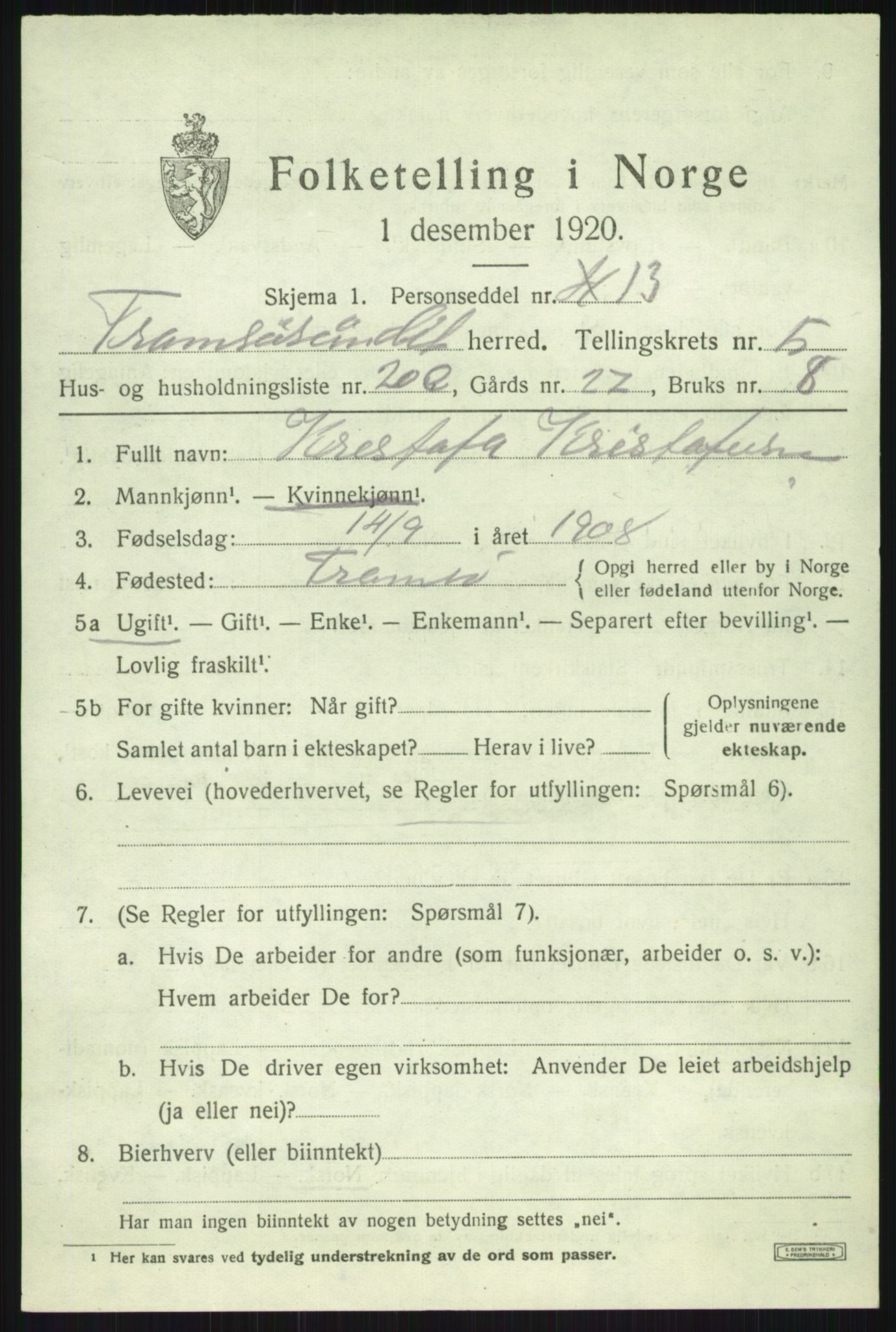 SATØ, Folketelling 1920 for 1934 Tromsøysund herred, 1920, s. 4980